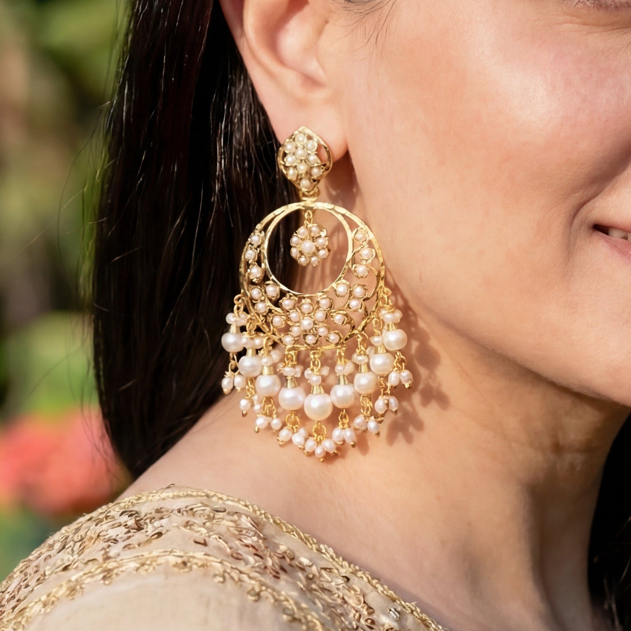 Exquisite Jadau Chandbali Earrings | Freshwater Pearls | Gold Plated on Silver ER 490