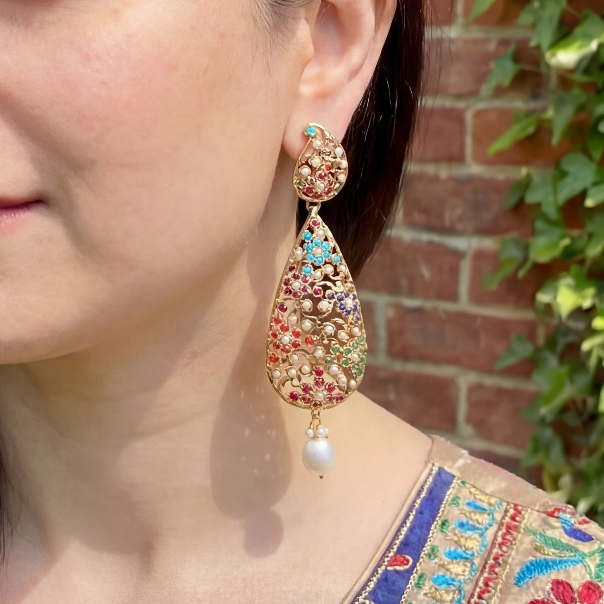 Contemporary Floral Navratna Earrings | Drop Shaped Earrings Design ER 397