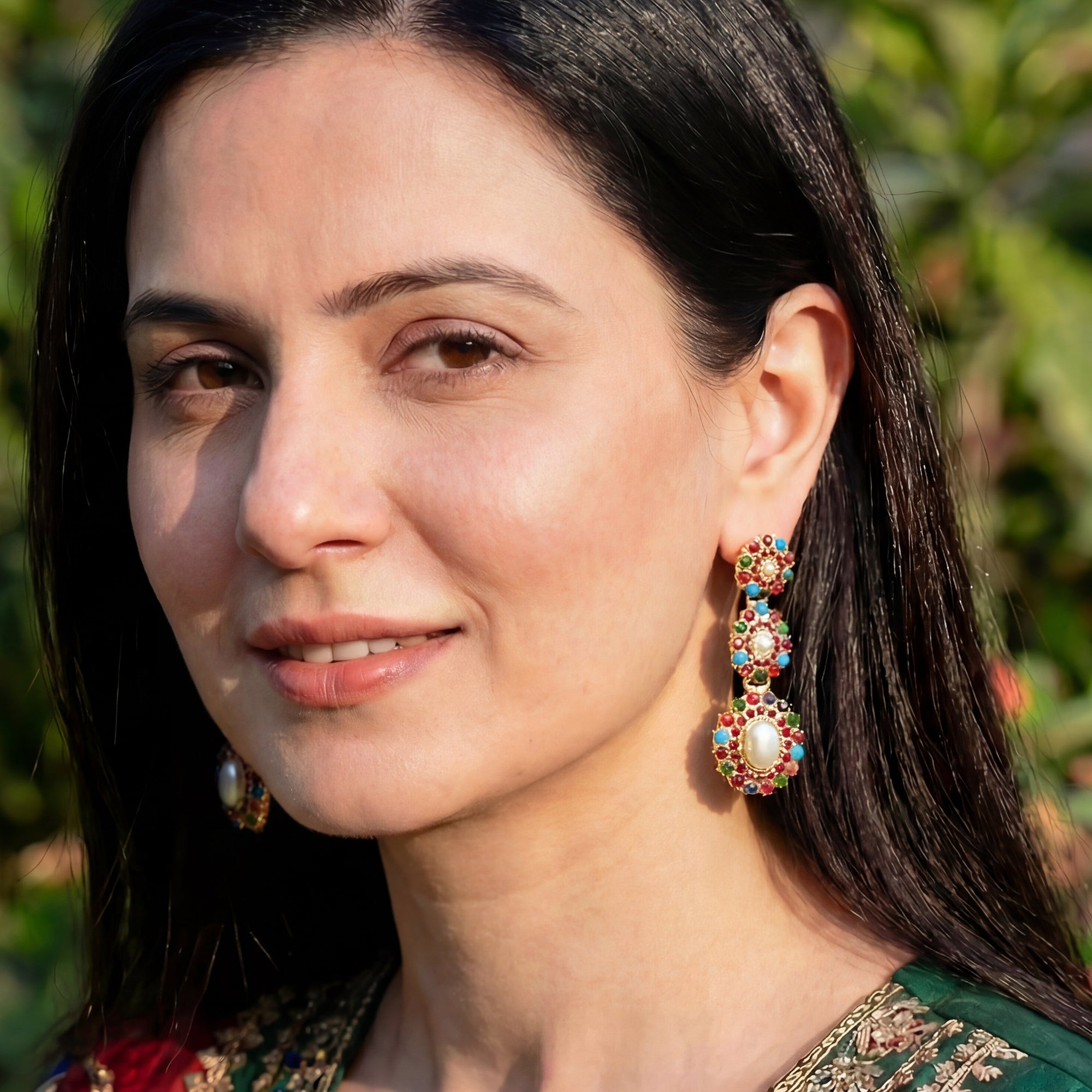 Long Navratna Jadau Earrings | Gold Plated on Silver ER 151