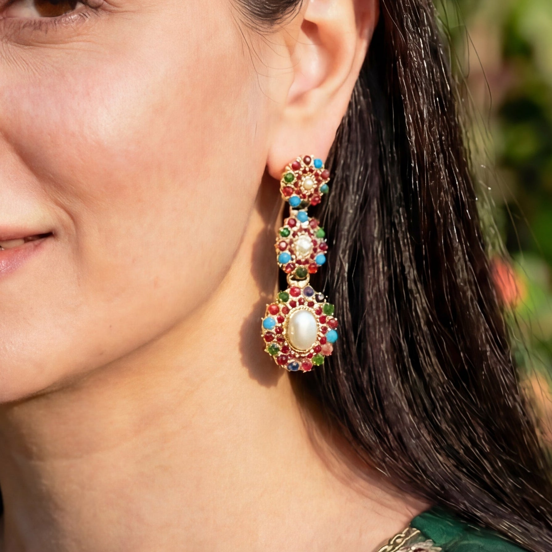 Long Navratna Jadau Earrings | Gold Plated on Silver ER 151