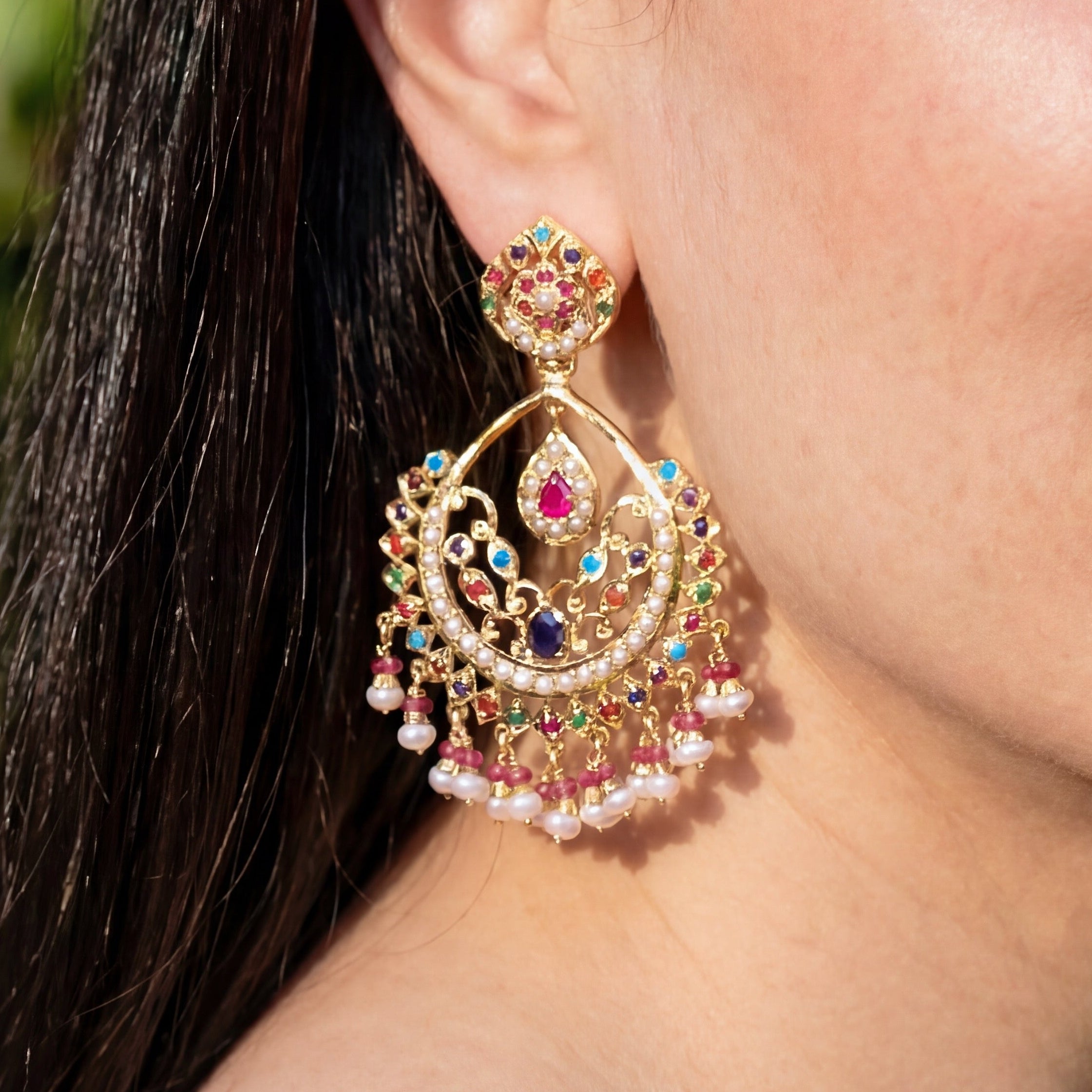 Indian Navratna Jewellery | Drop Shaped Chandbali Earrings ER 259