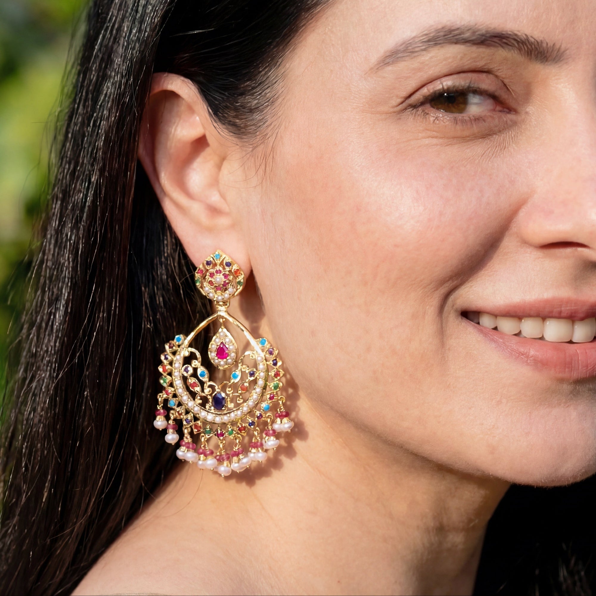 Indian Navratna Jewellery | Drop Shaped Chandbali Earrings ER 259