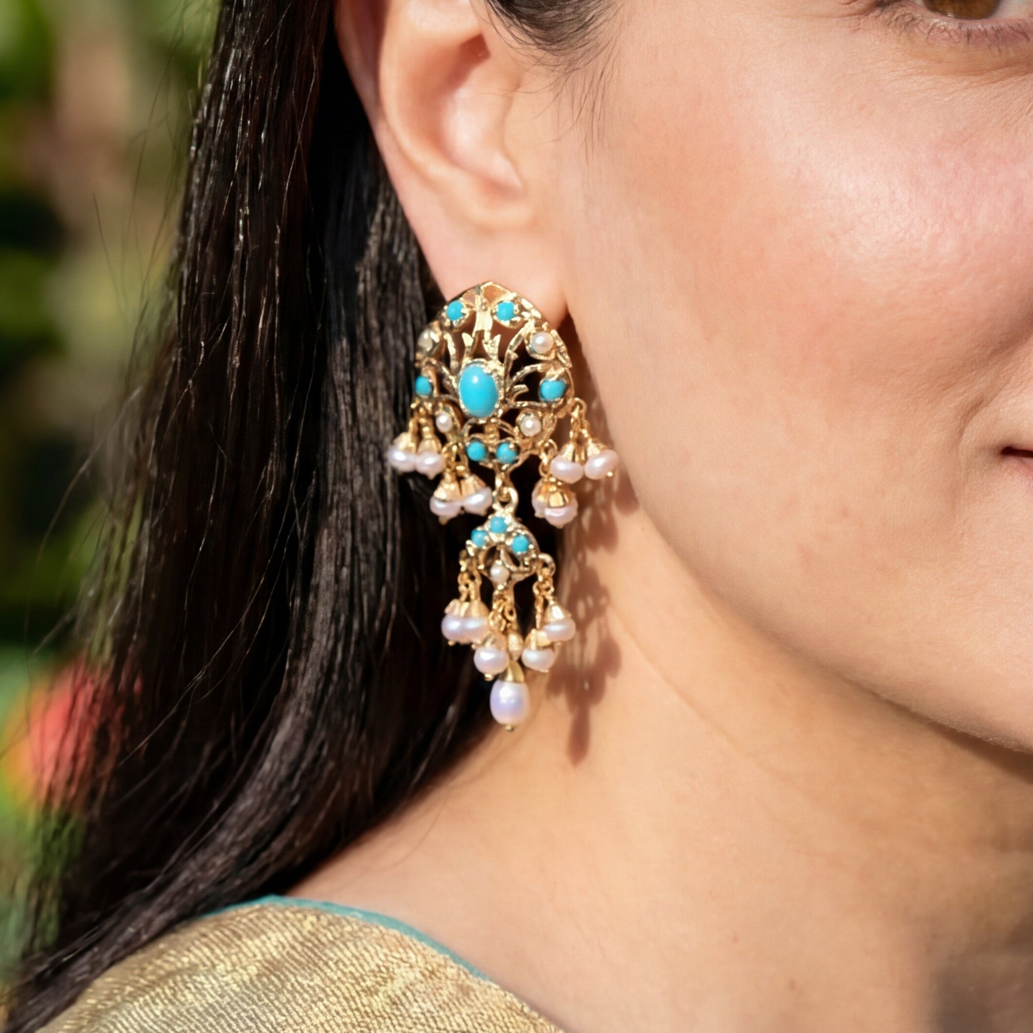 Turquoise & Pearl Stud Earrings | Gold Plated on Silver ER 618