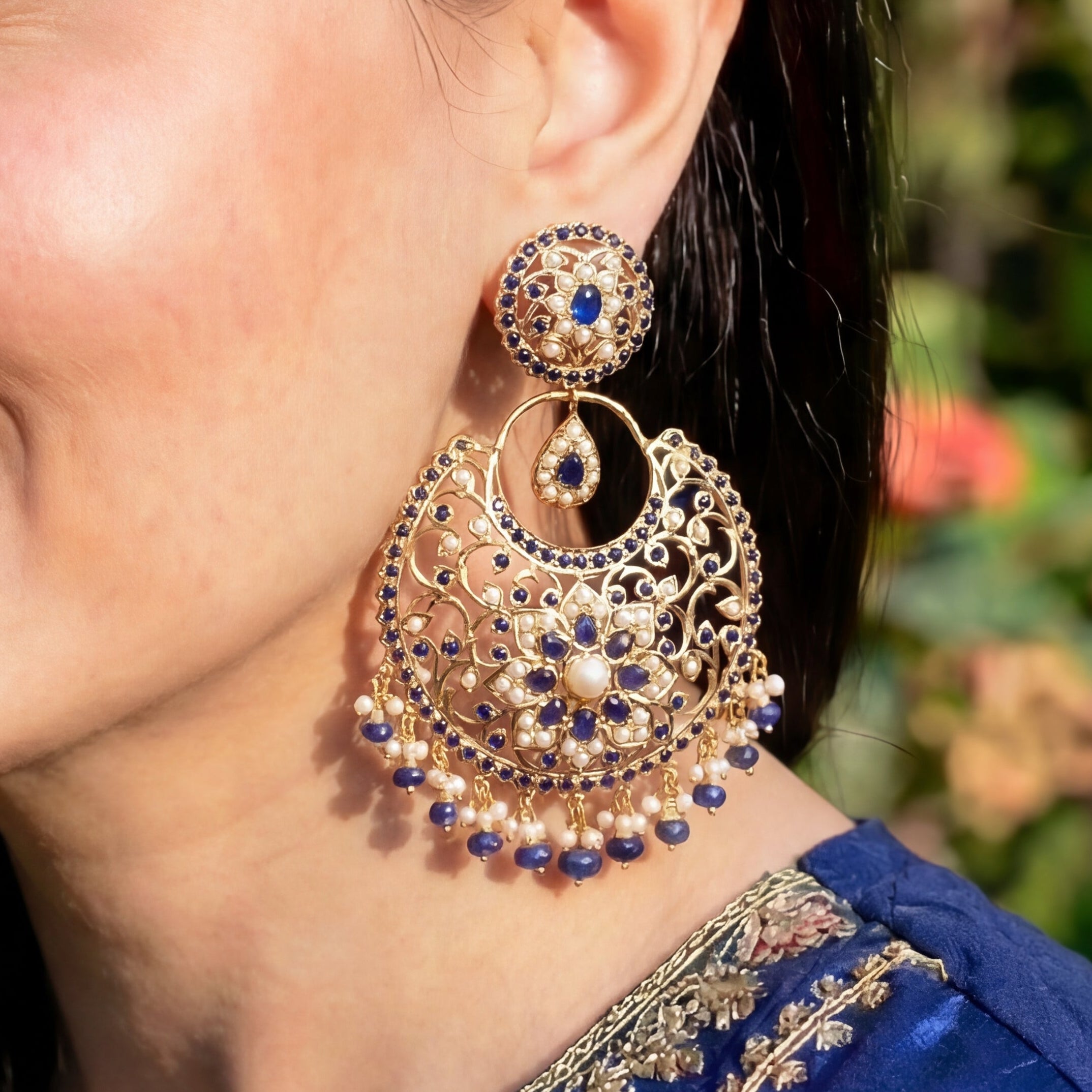 Magnificient Blue Sapphire Chandbalis | Gold Plated on Silver ER 557