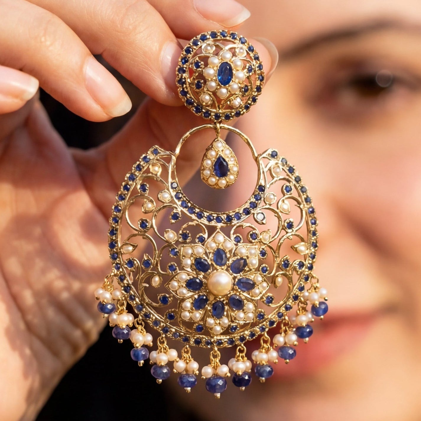 Magnificient Blue Sapphire Chandbalis | Gold Plated on Silver ER 557