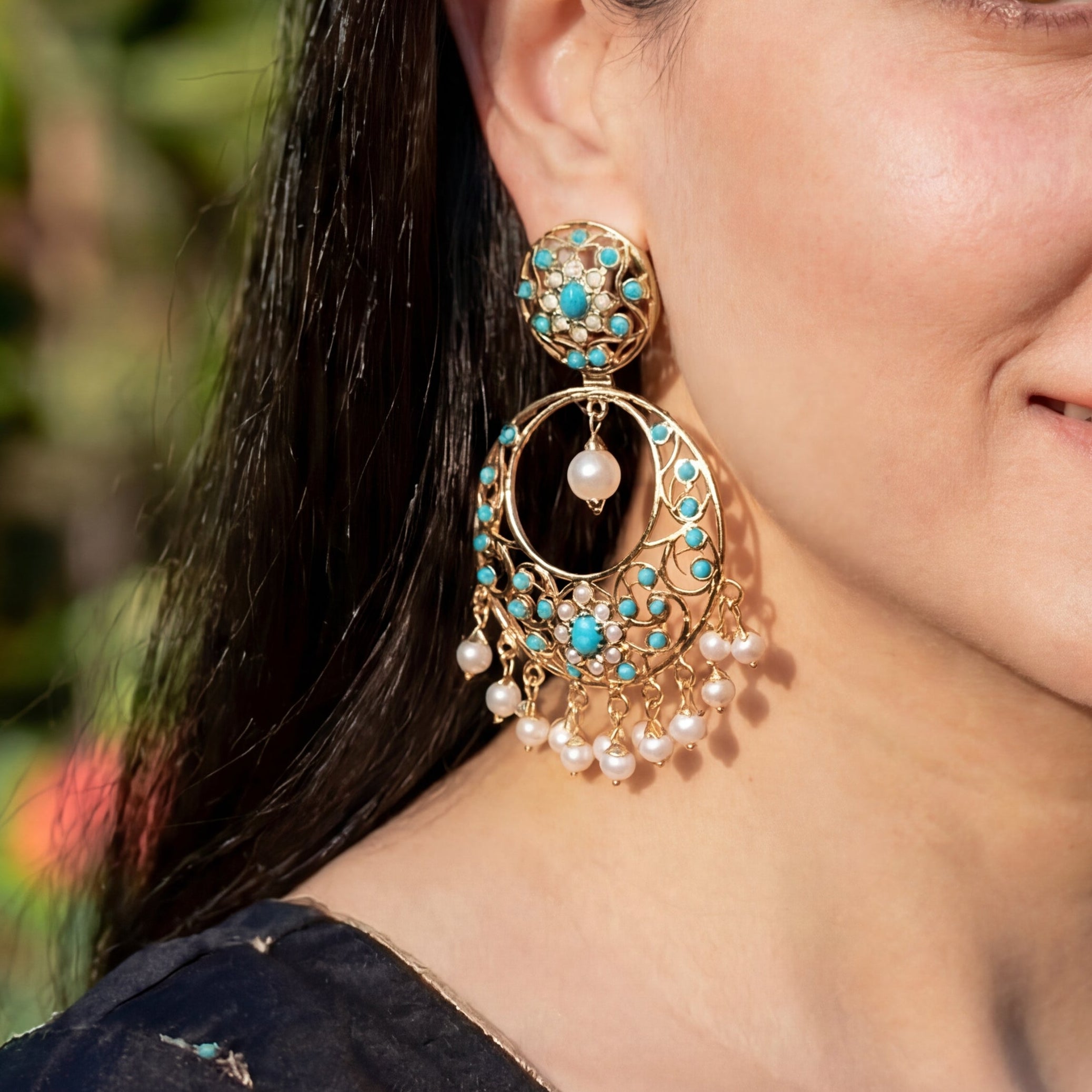 Turquoise Chandbali Earrings | Sterling Silver Based with 22k Gold Plating ER 448