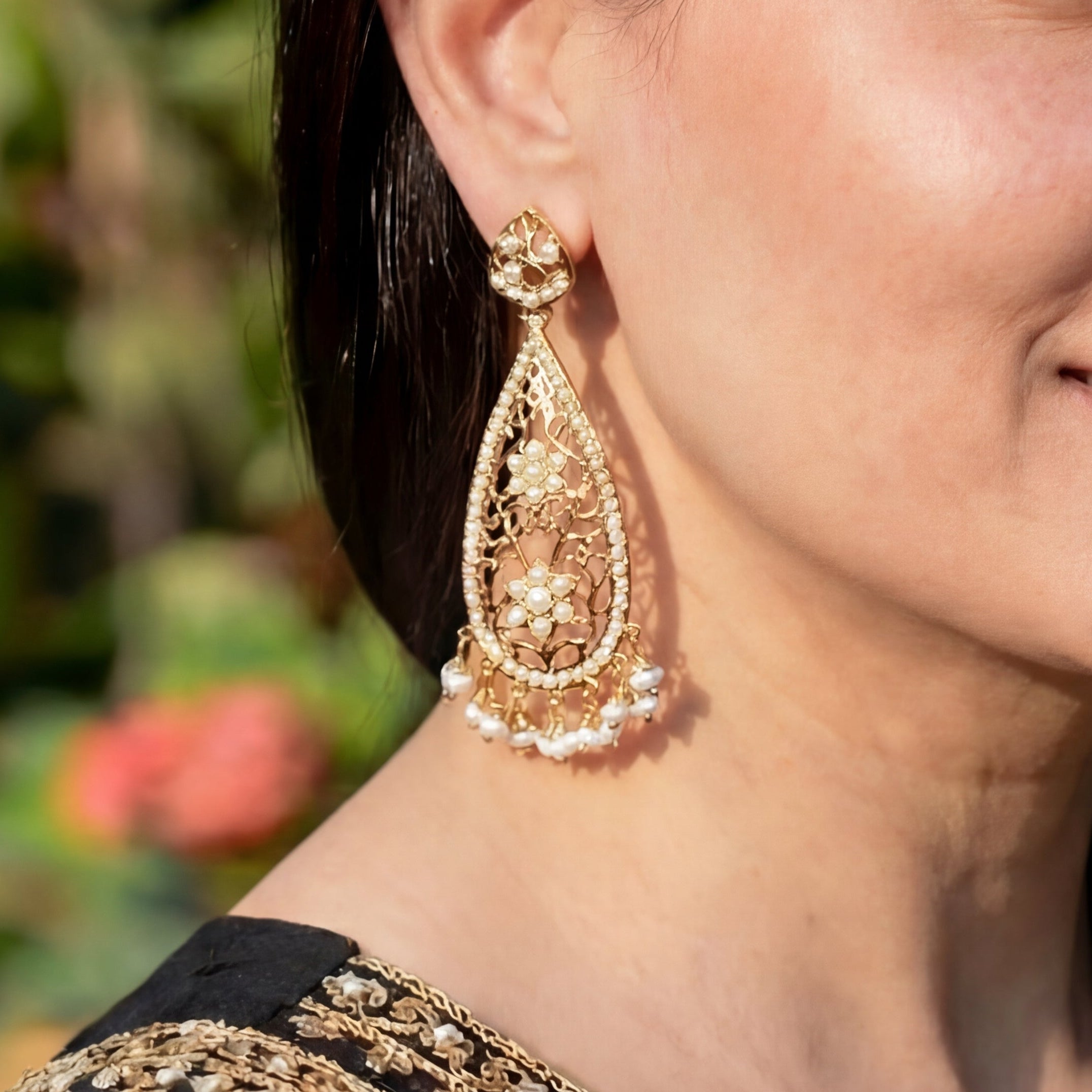 Drop Shaped Pearl Earrings | Gold Plated on Silver | Jadau Danglers ER 446
