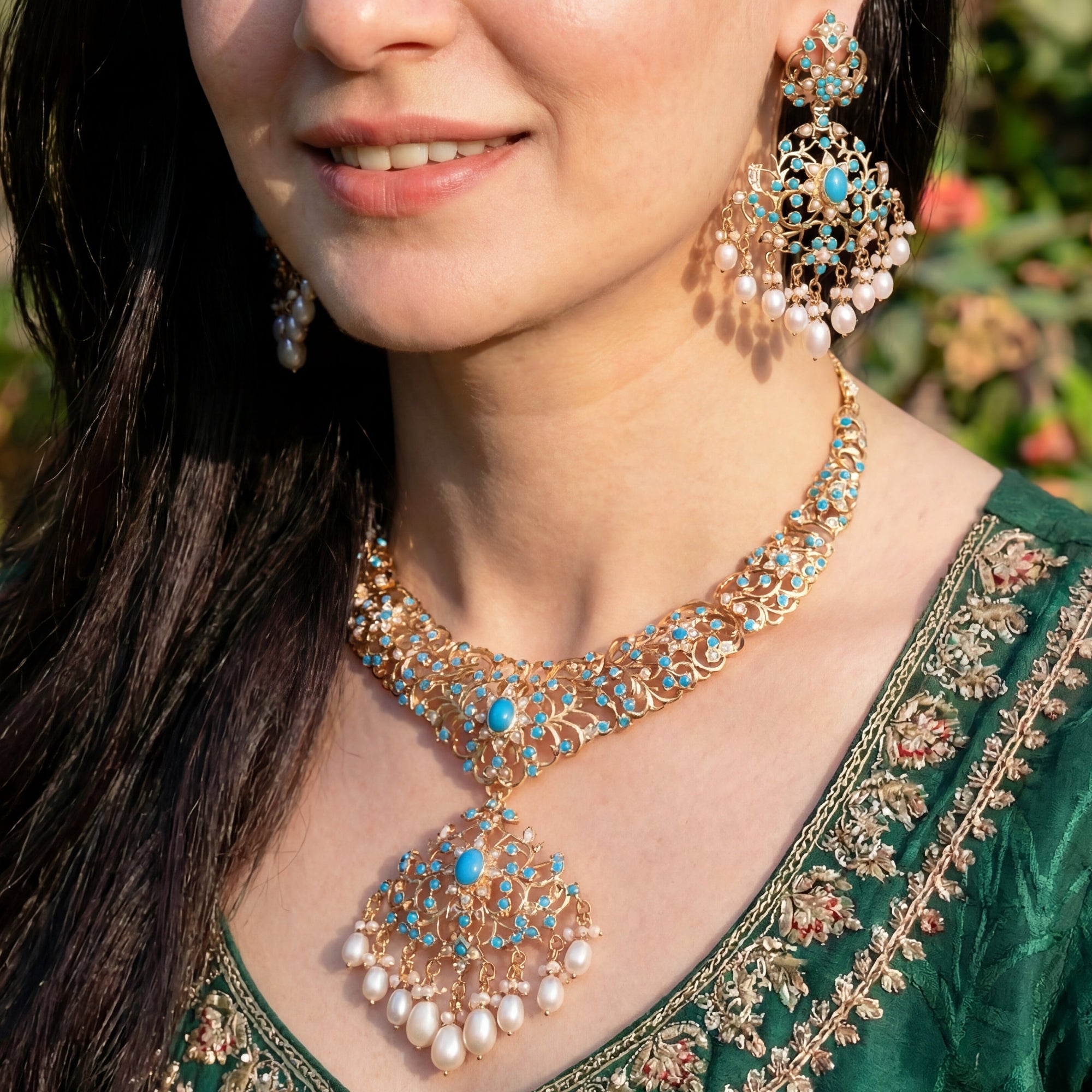 Turquoise Necklace Set | Gold Plated on Silver | Handmade Indian Jewelry Online NS 399