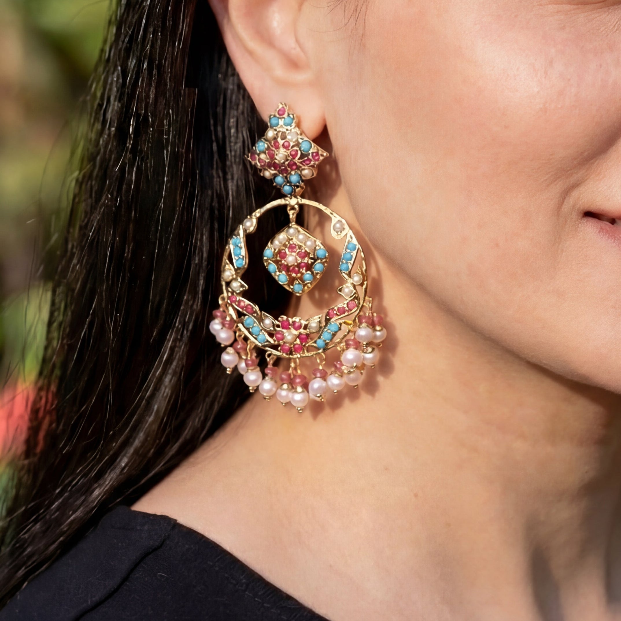 गोल्ड प्लेटेड इयररिंग्स ऑनलाइन | 925 सिल्वर ER 532 पर जड़ाऊ चांदबाली इयररिंग्स