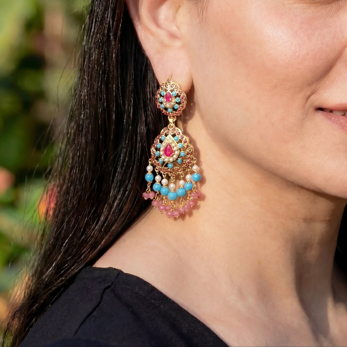 Ruby Turquoise and Pearl Earrings with Gold Plating on Sterling Silver | Hyderabadi Design ER 276