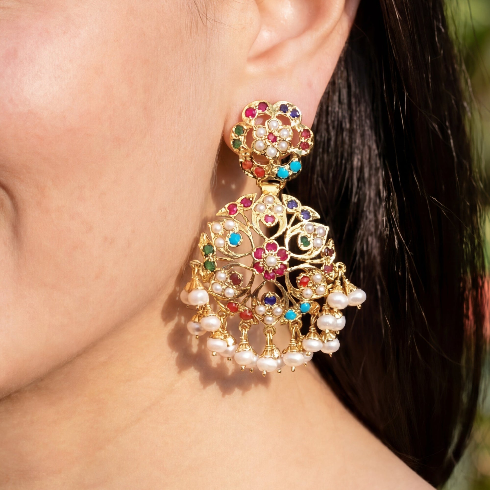 Gold Plated Navratna Earrings | 925 Silver | Freshwater Pearls ER 131