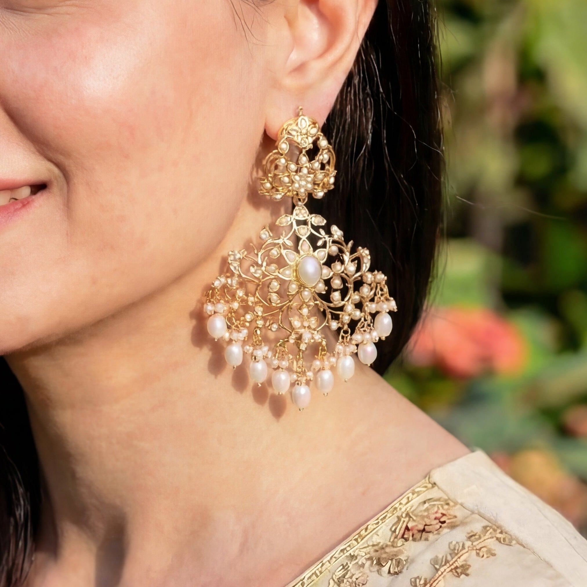 Statement Earrings Studded with Real Pearls | Gold Plated 925 Silver ER 054