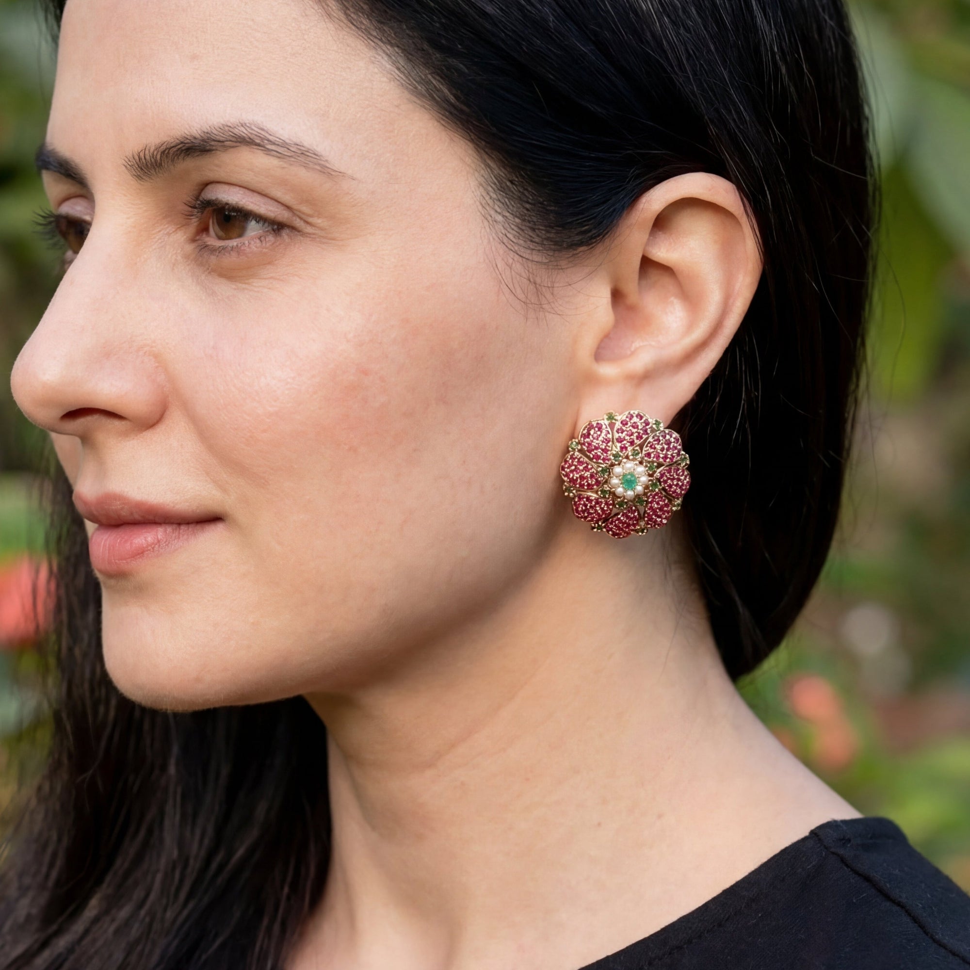 Premium Jadau Stud Earrings For Women | Gold Plated on Silver | Ruby Emerald Combination ER 624