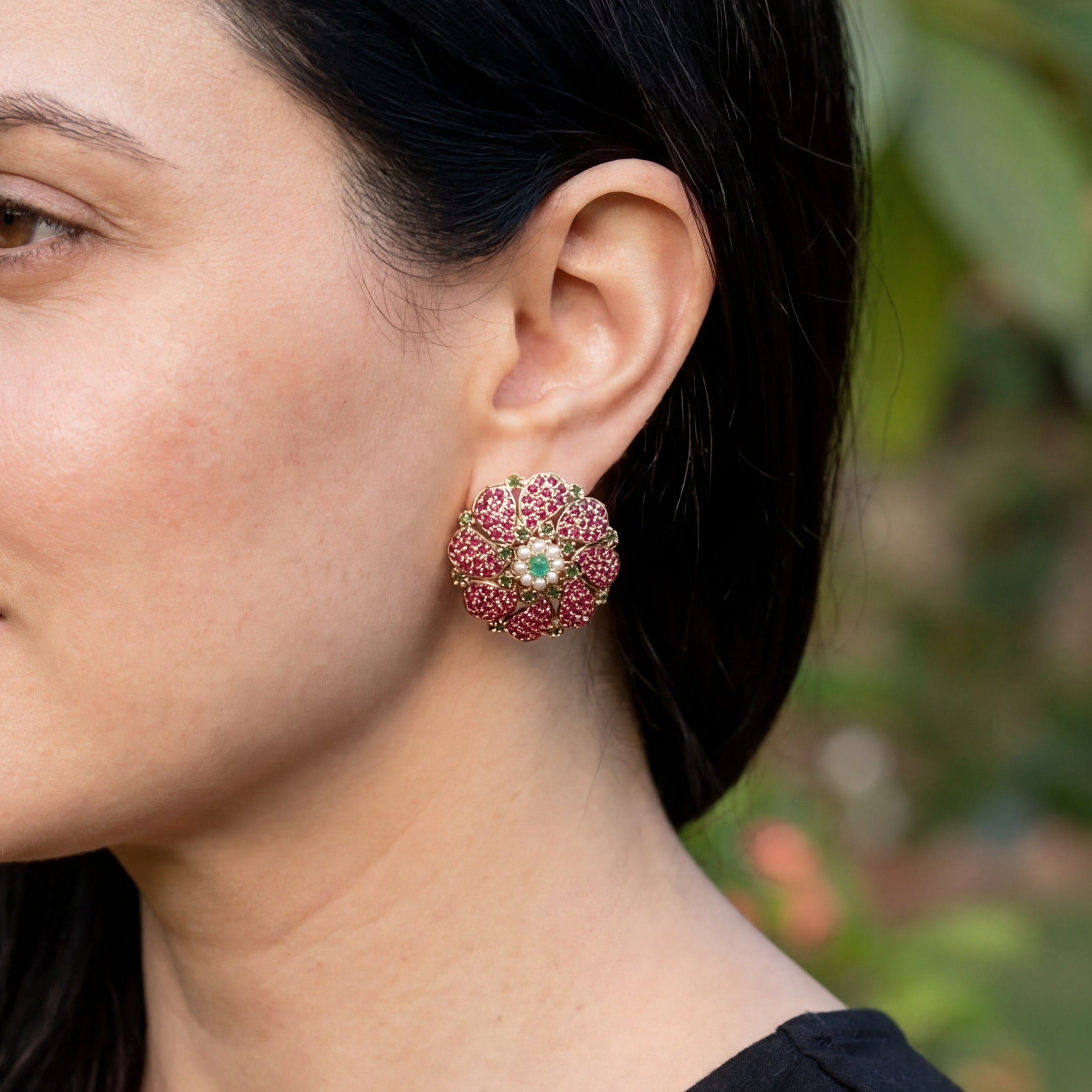 Premium Jadau Stud Earrings For Women | Gold Plated on Silver | Ruby Emerald Combination ER 624