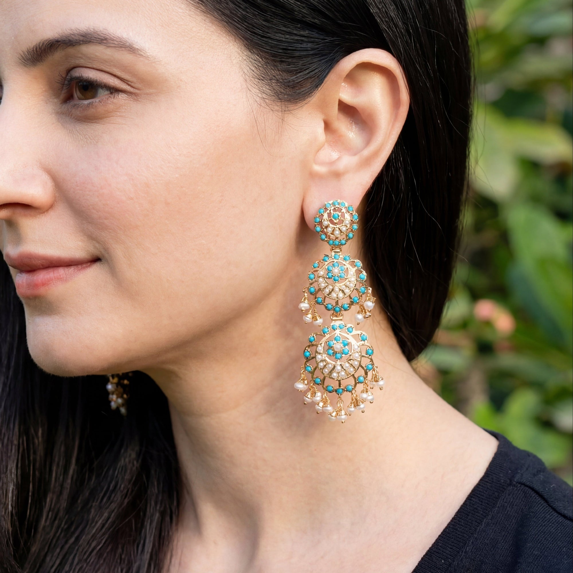 Tall Firoza Danglers | Gold Plated Turquoise Earrings on Silver Base ER 486