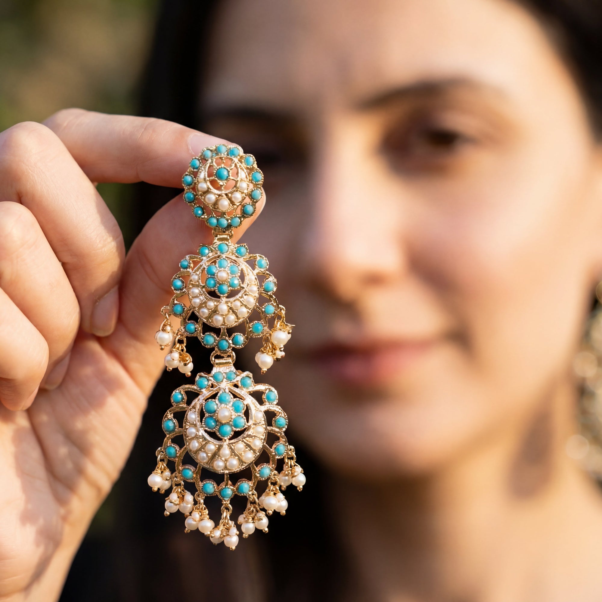 Tall Firoza Danglers | Gold Plated Turquoise Earrings on Silver Base ER 486