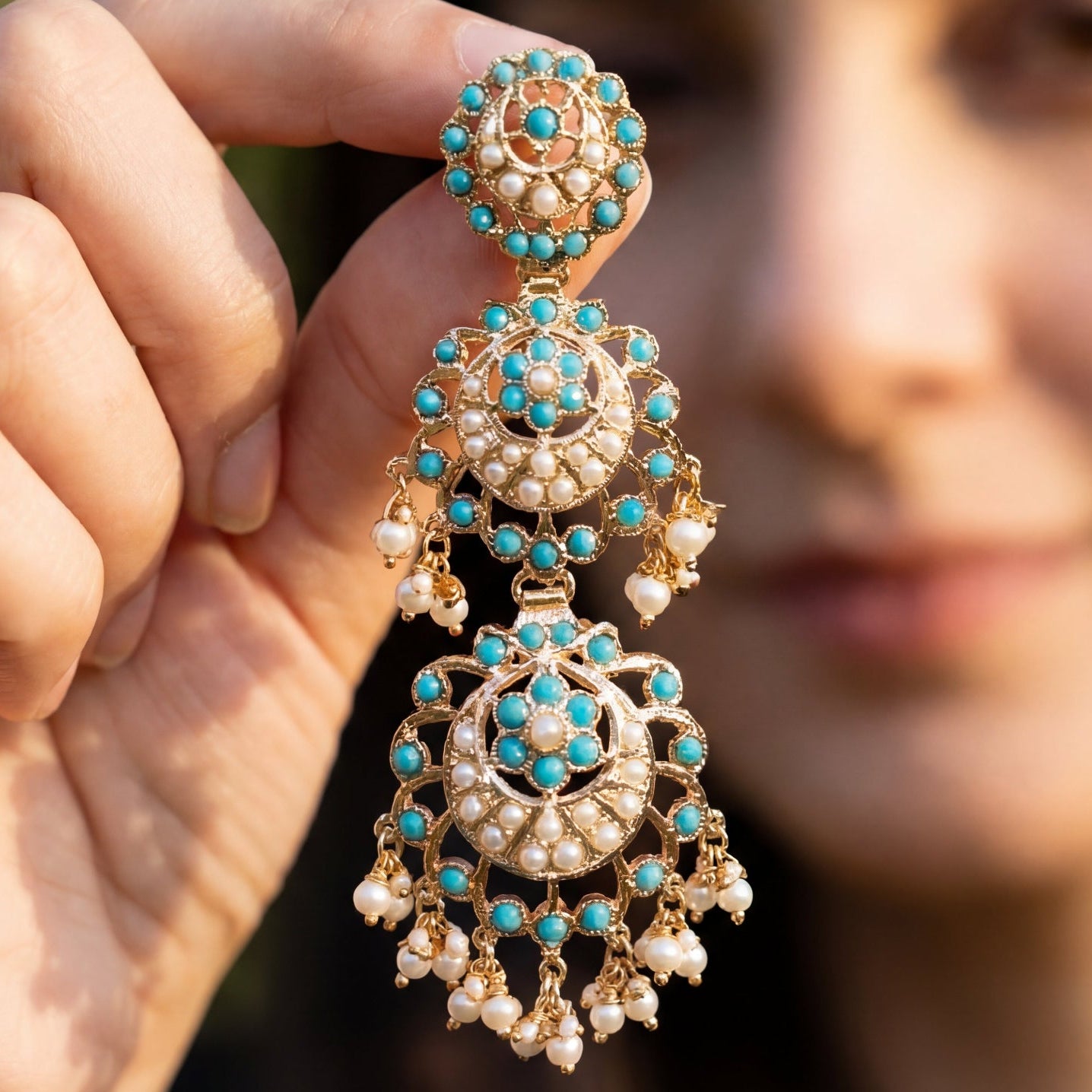 Tall Firoza Danglers | Gold Plated Turquoise Earrings on Silver Base ER 486