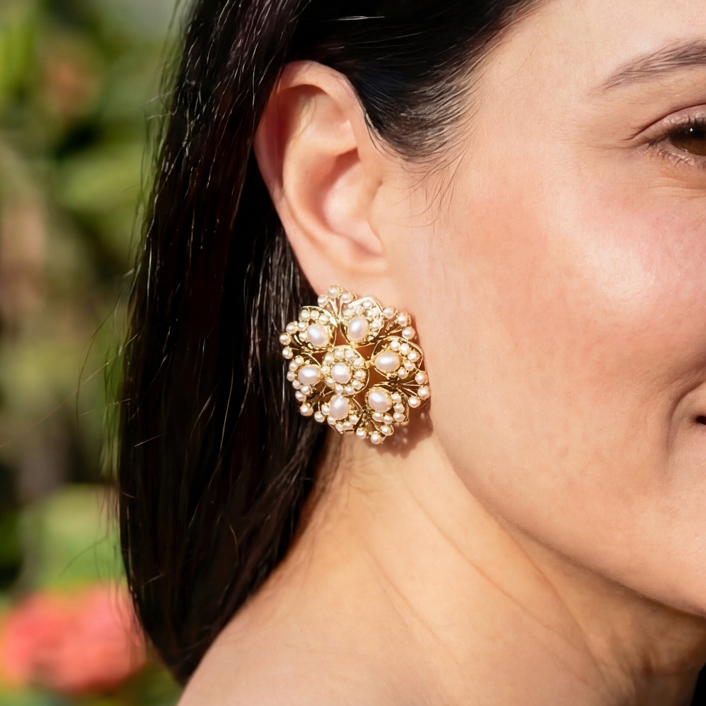 Classic Hyderabadi Pearl Stud Earrings | Round Tops for Women | Gold Plated Silver Jewelry For Gifting ER 425