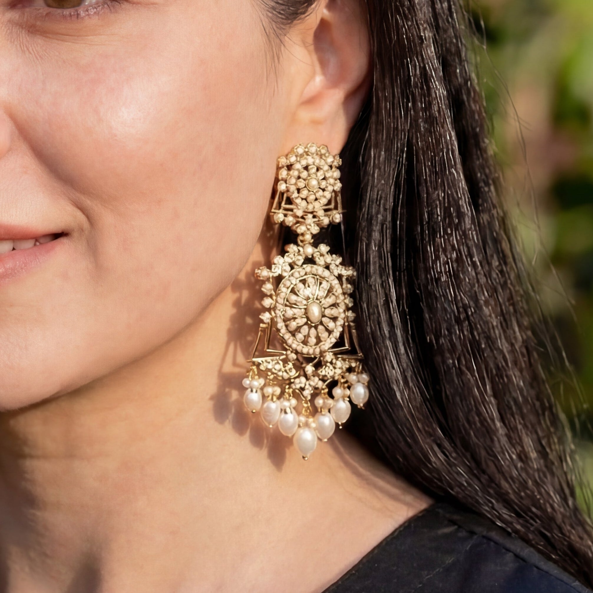 Handcrafted Victorian Earrings | Elegant Pearl Jewellery | Jadau Earrings in Silver | ER 452