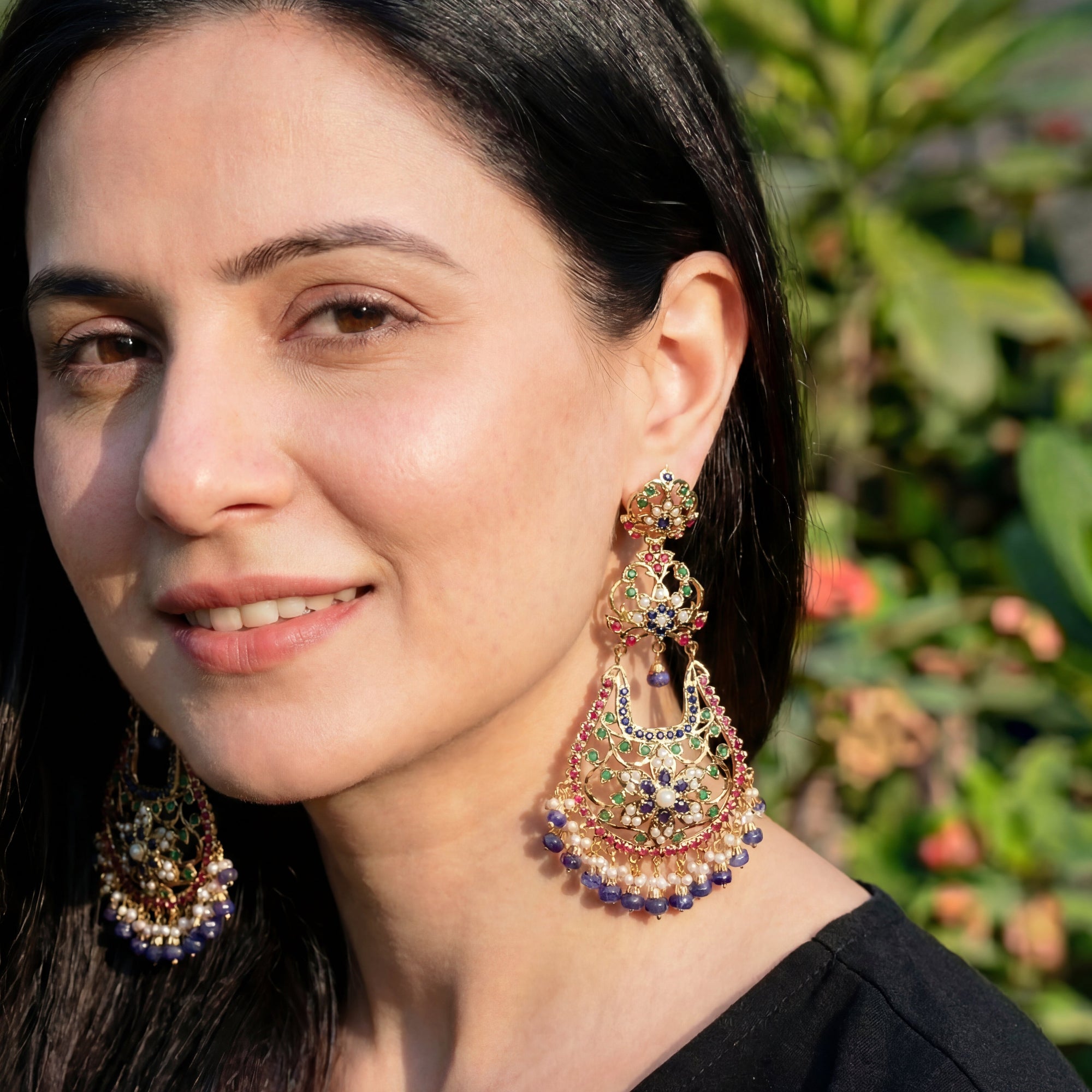 Gold Plated Chandelier Earrings | Multicolored Jadau Jewelry ER 599