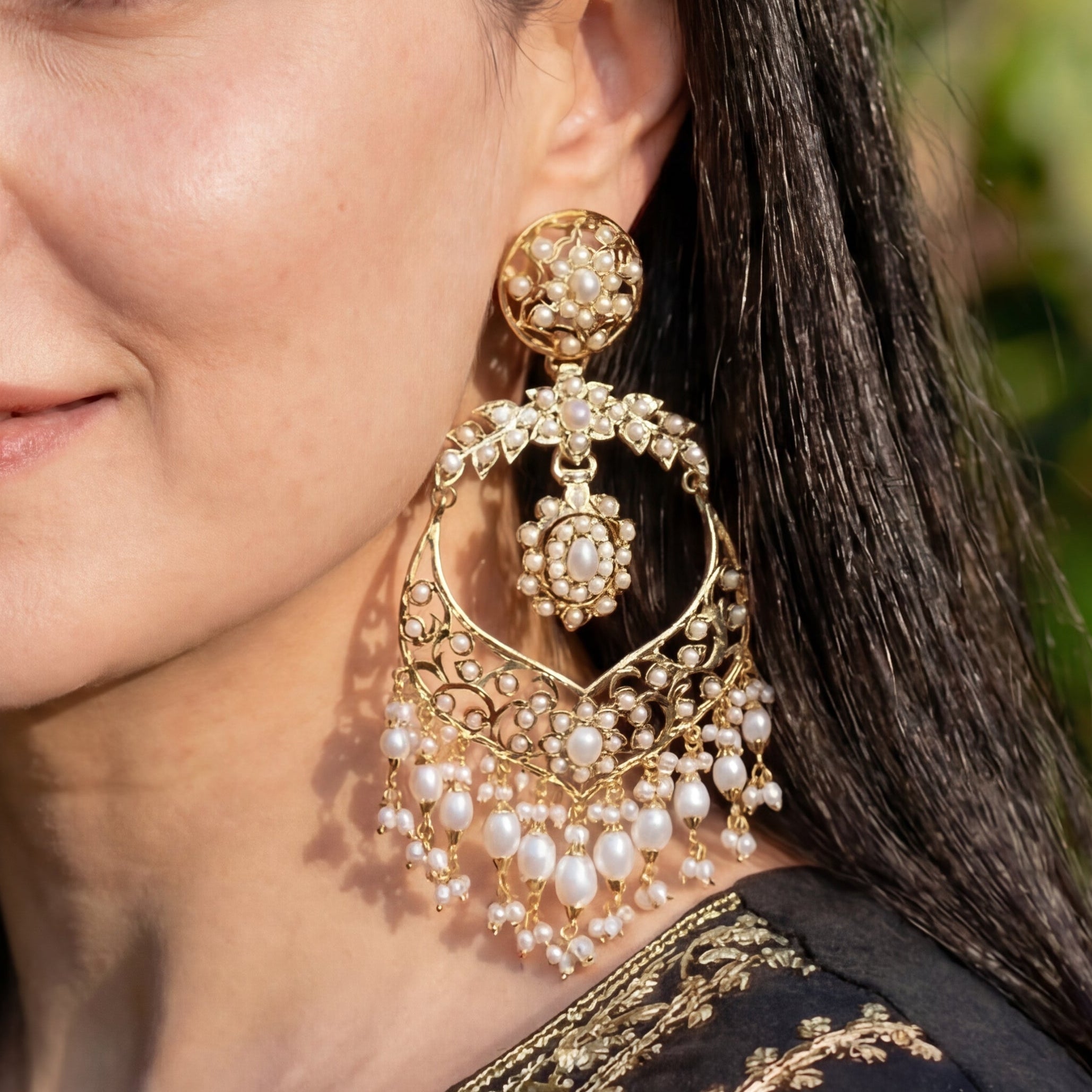Statement Pearl Chandbali Earrings | Pearl Dangle Drop Earrings | ER 443
