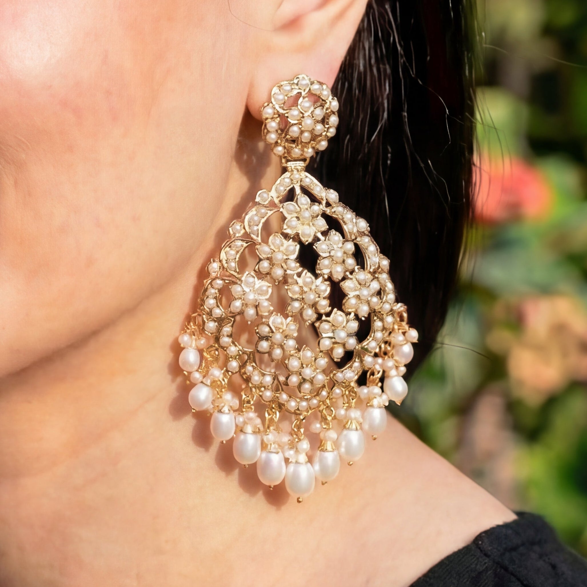 Floral Pearl Danglers | Statement Jadau Earrings | Gold Plated on Silver ER 430