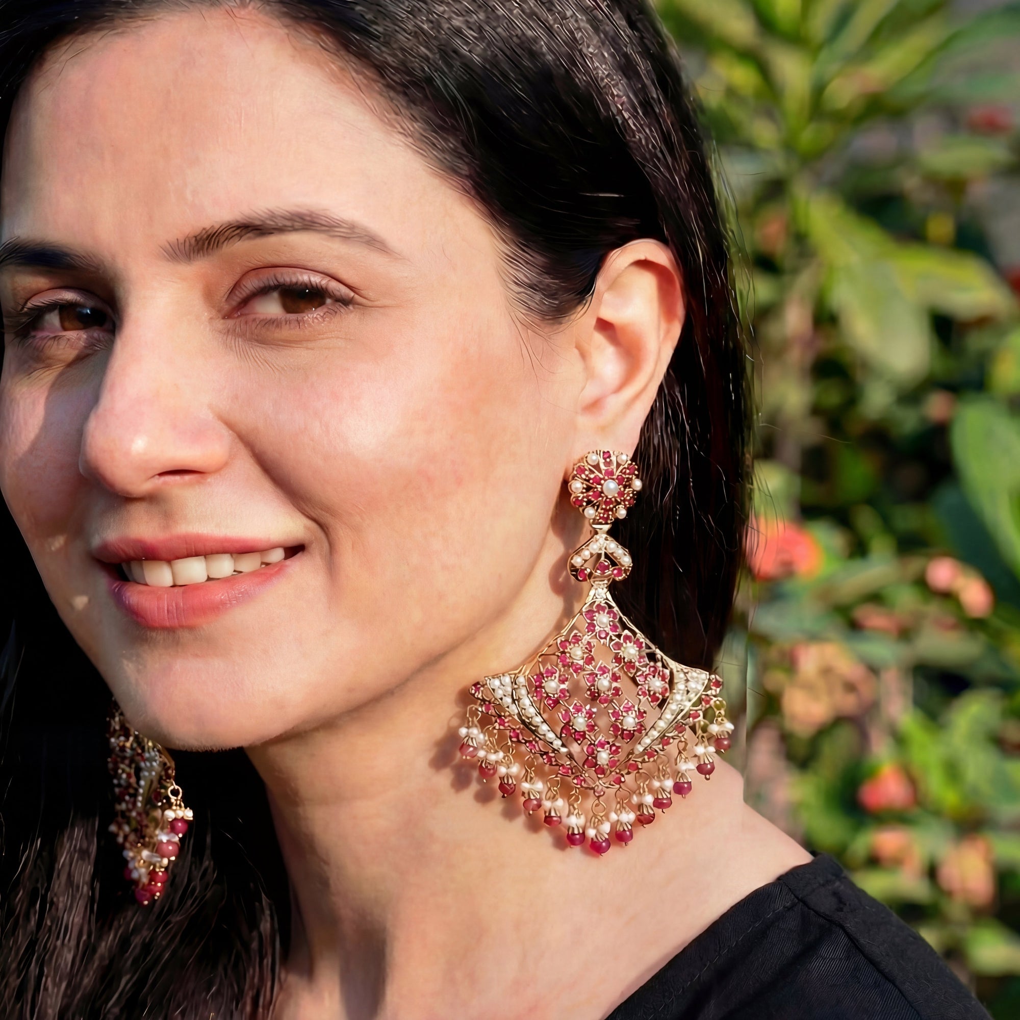 Floral Jadau Earrings | Ruby Pearl Combination | ER 426