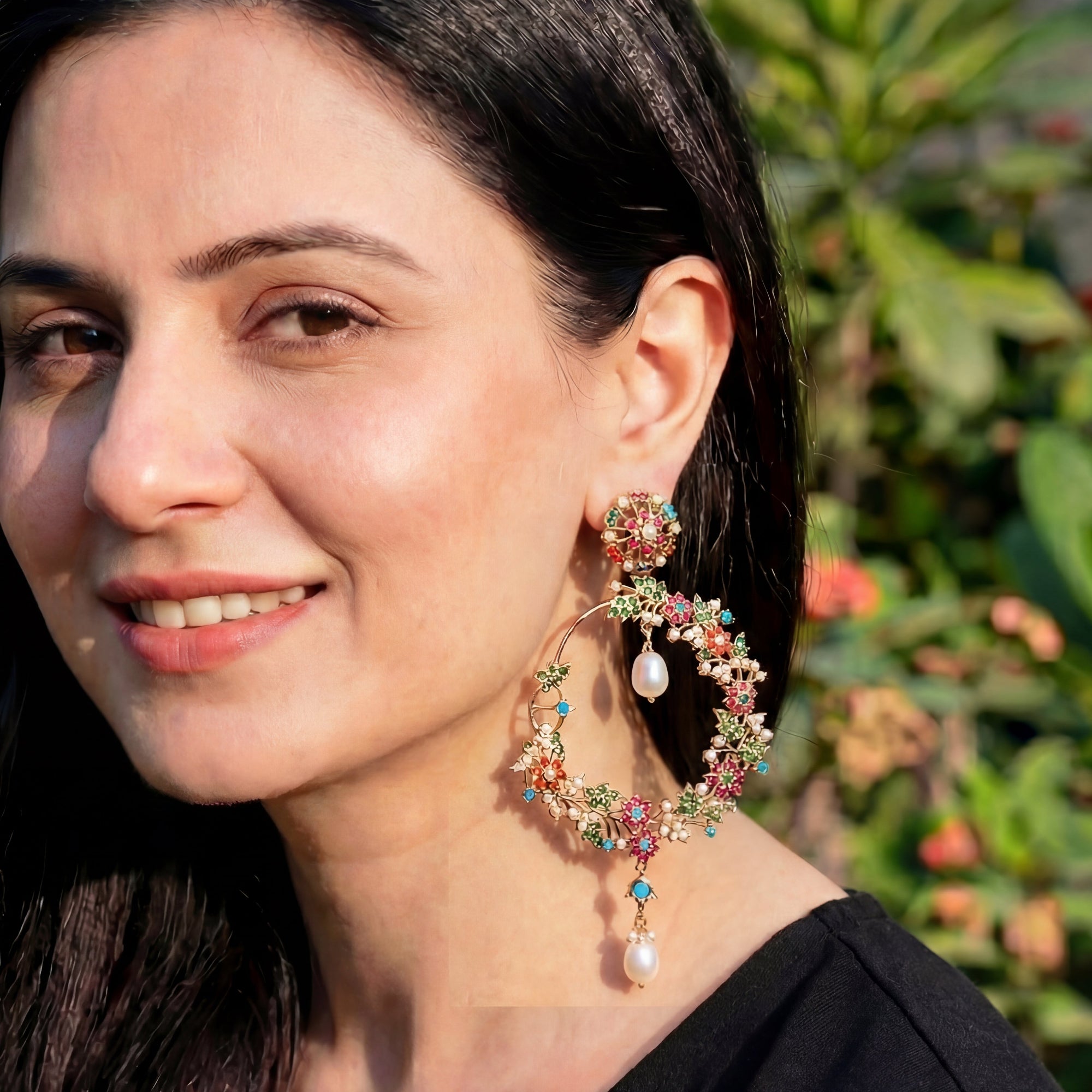 Large Navratan Chandbali Earrings | Statement Floral Chandbali | ER 427