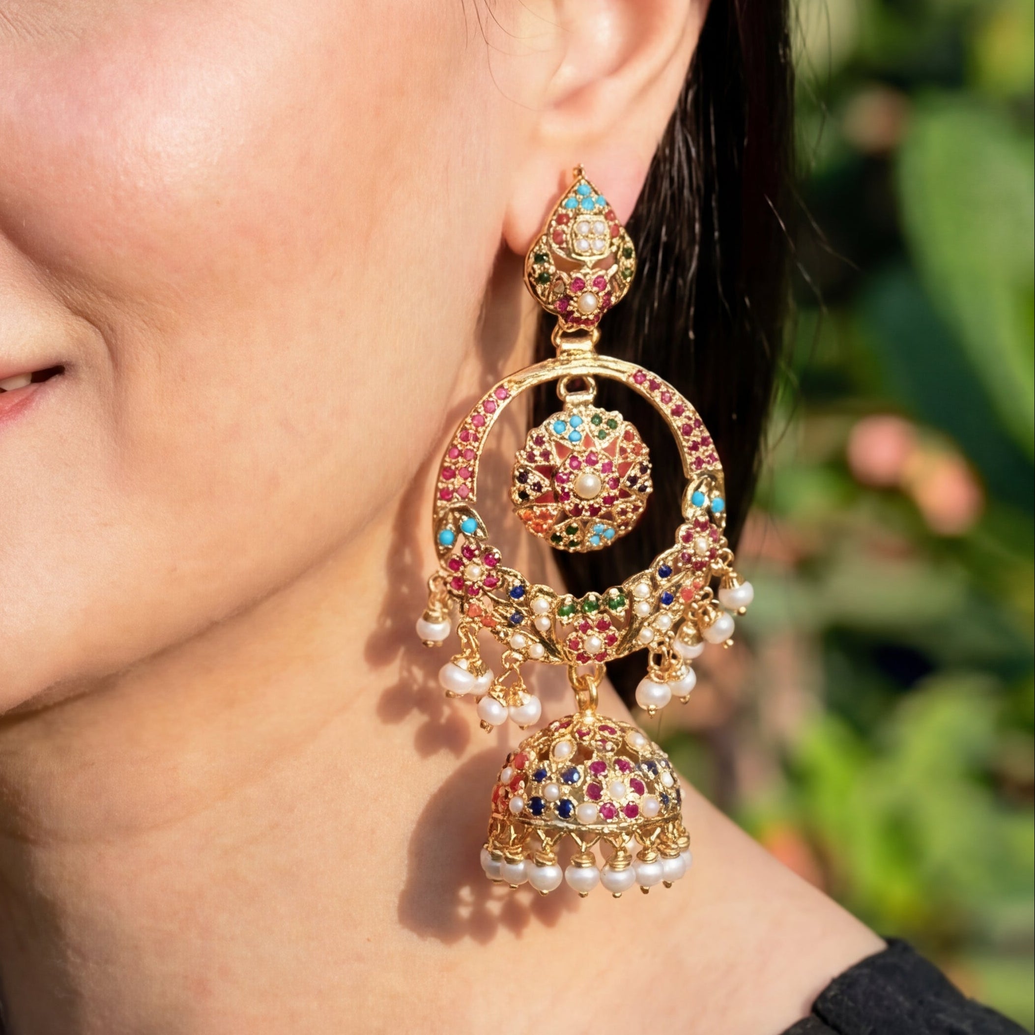 Navratna Jadau Chandbali With Jhumka | Gold Plated on Silver | ER 600