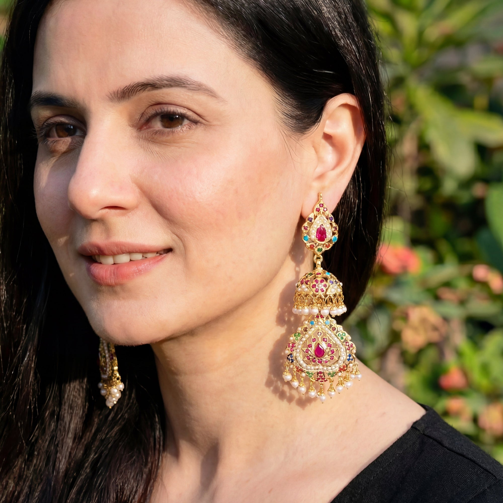 Long Navratna Jadau Jhumka Earrings | Gold Plated Silver ER 031