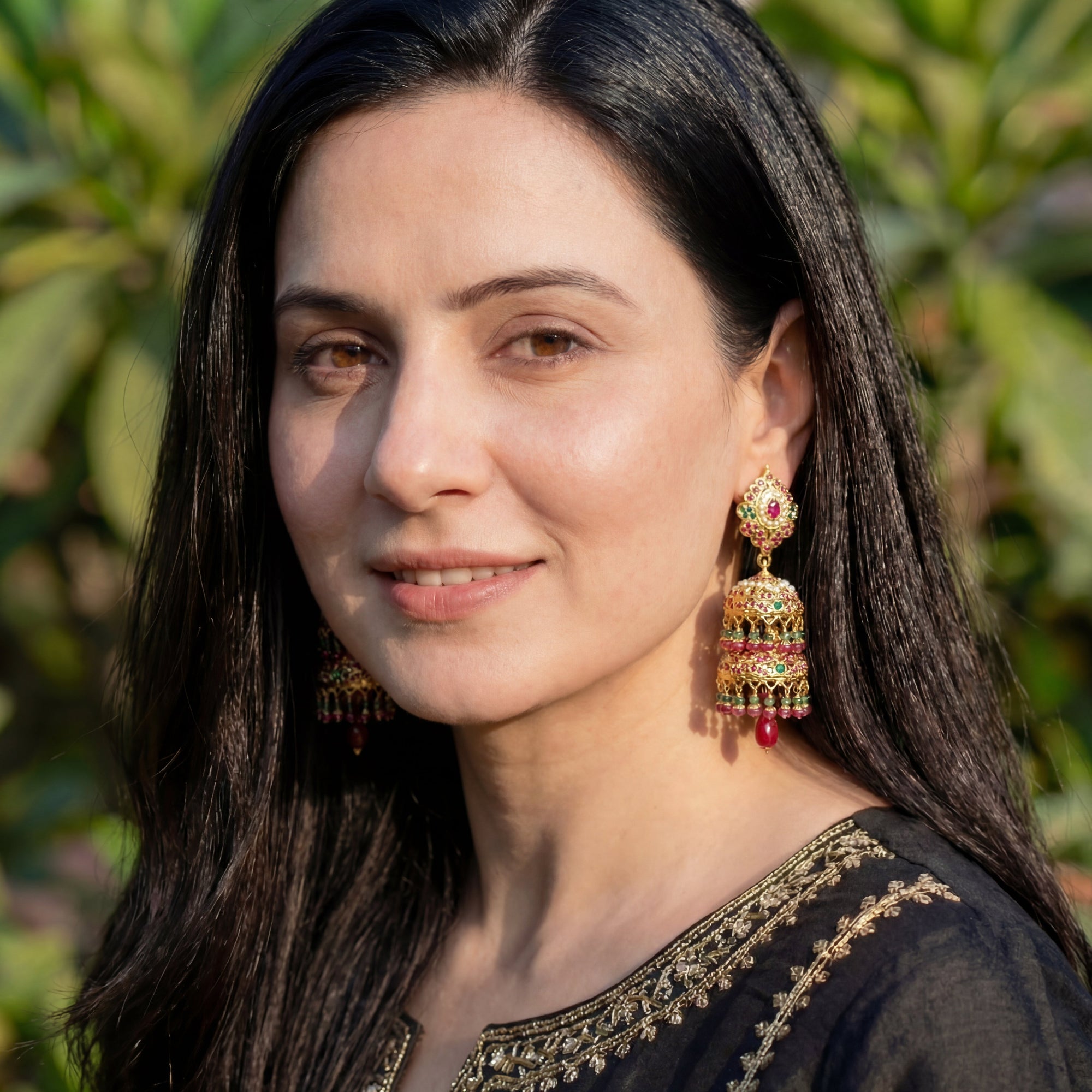 ఆన్లైన్లో బంగారు పూత పూసిన జడౌ నగలు | పొడవైన డబుల్ జుమ్కా చెవిపోగులు ER 344