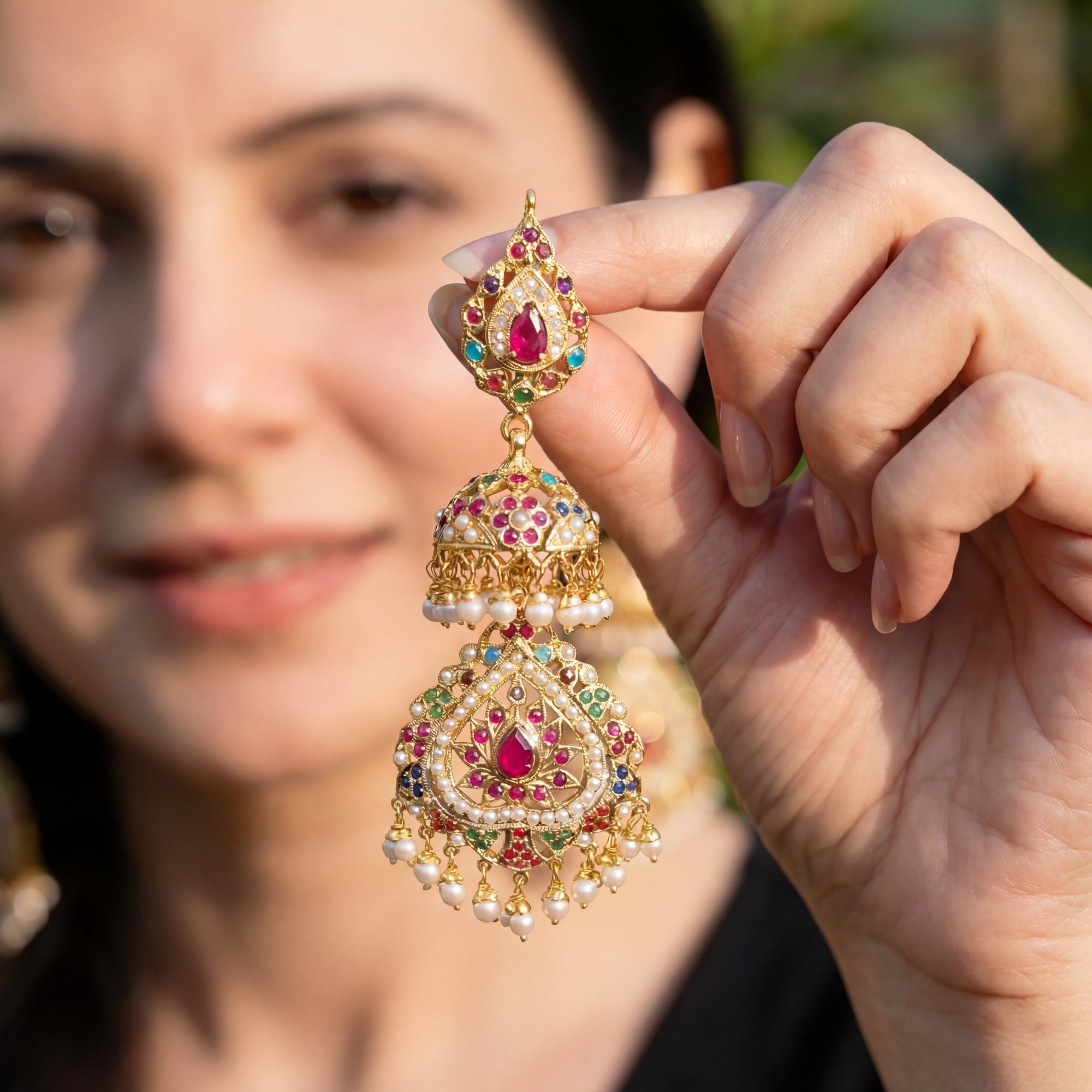 Long Navratna Jadau Jhumka Earrings | Gold Plated Silver ER 031