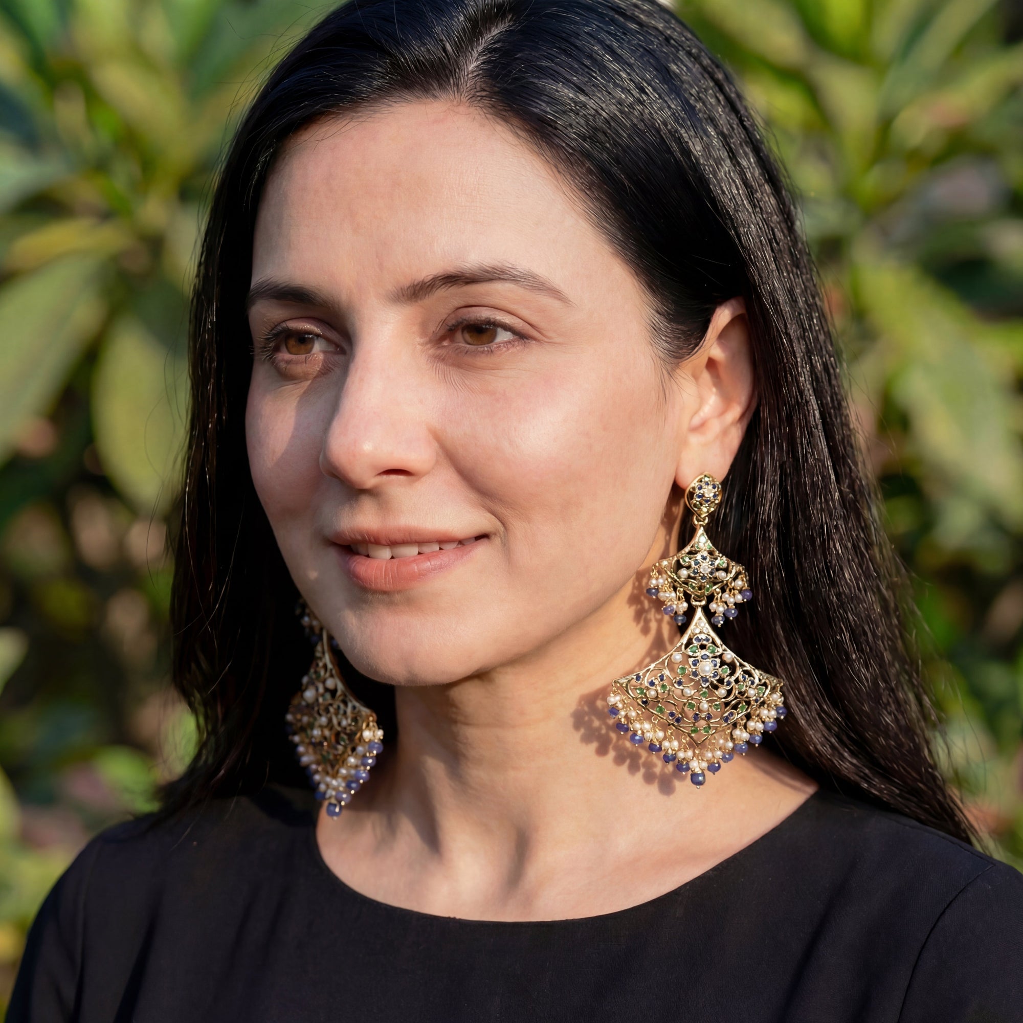 Alluring Multi Step Long Sapphire Earrings | Gold Plated Silver ER 266