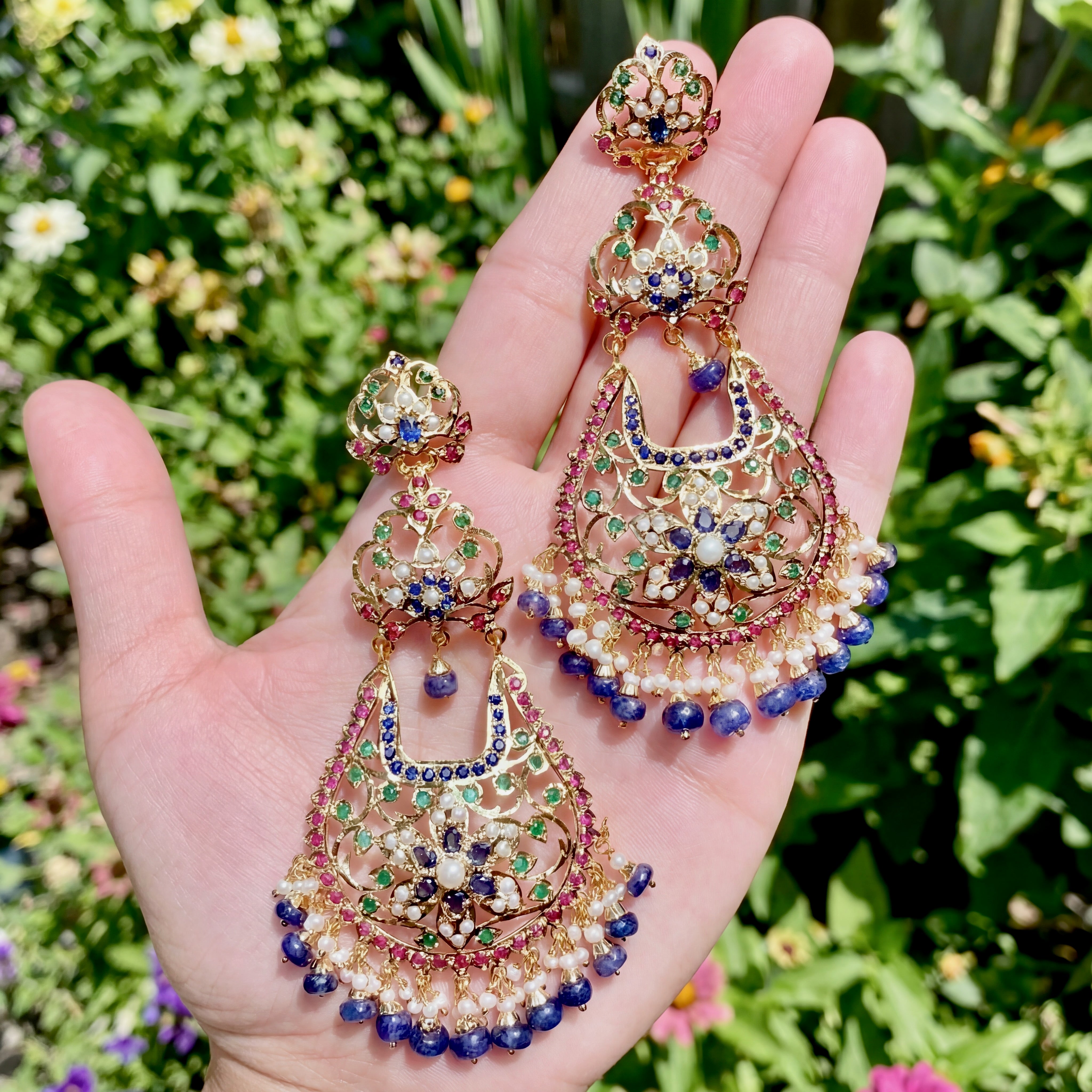 Gold Plated Chandelier Earrings | Multicolored Jadau Jewelry ER 599