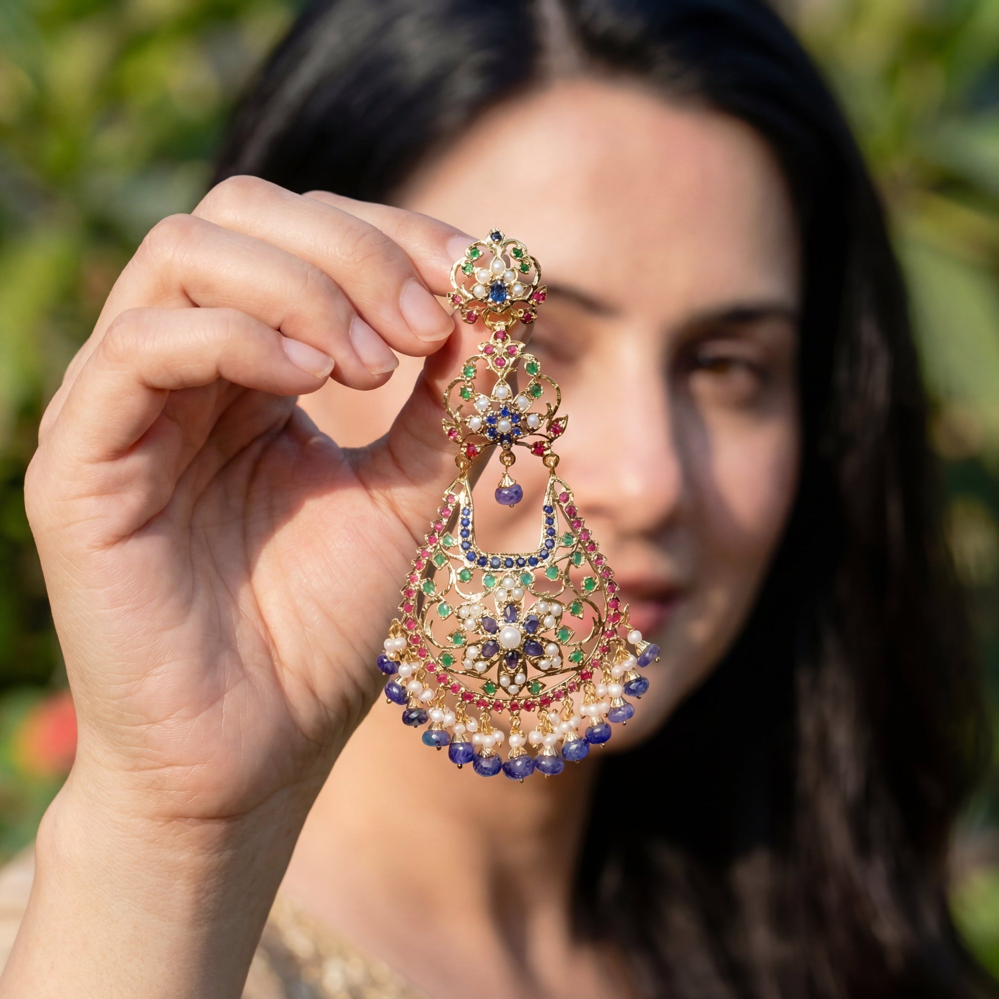 Gold Plated Chandelier Earrings | Multicolored Jadau Jewelry ER 599
