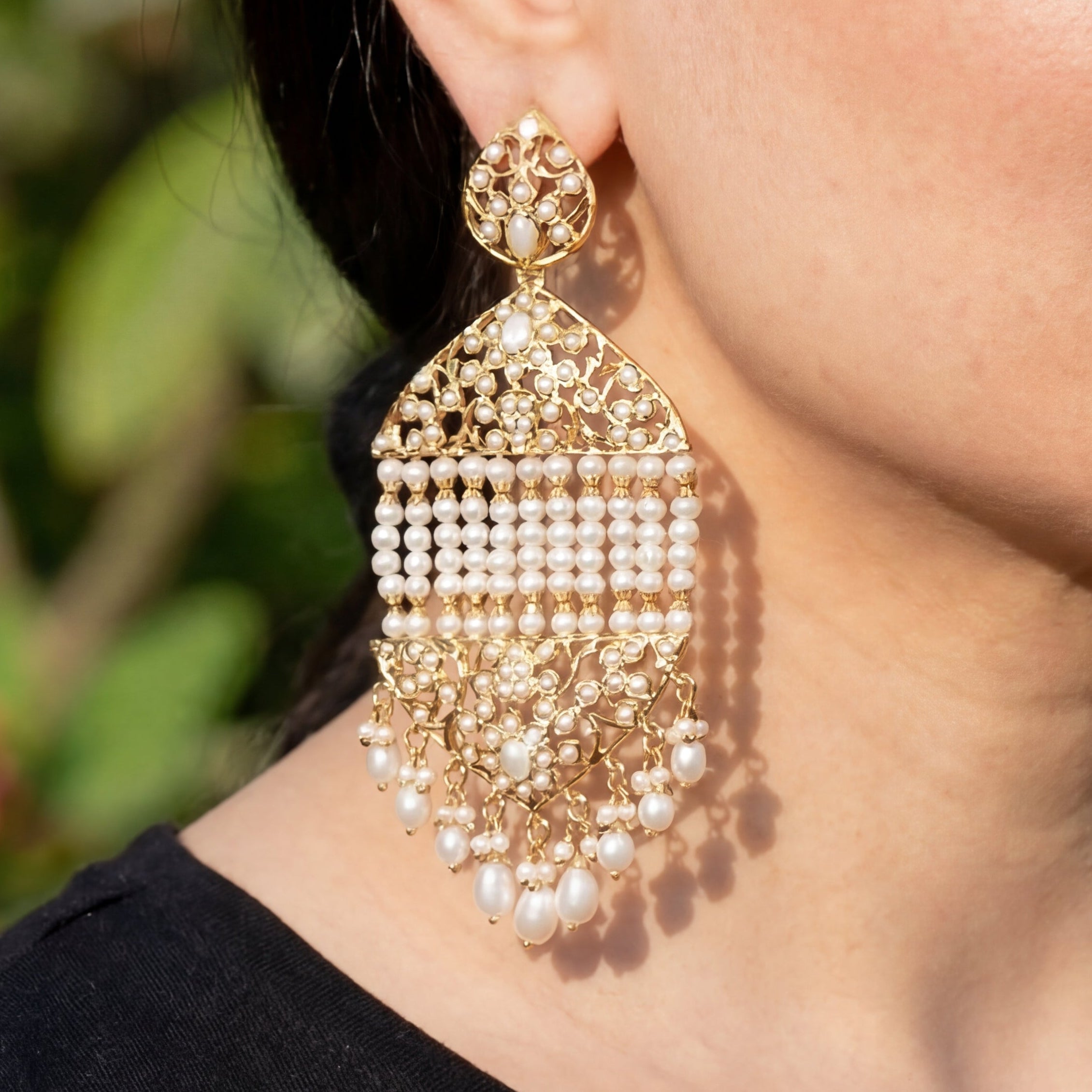 Gold Plated Jhoomer Earrings in Silver Adorned with Freshwater Pearls ER 078