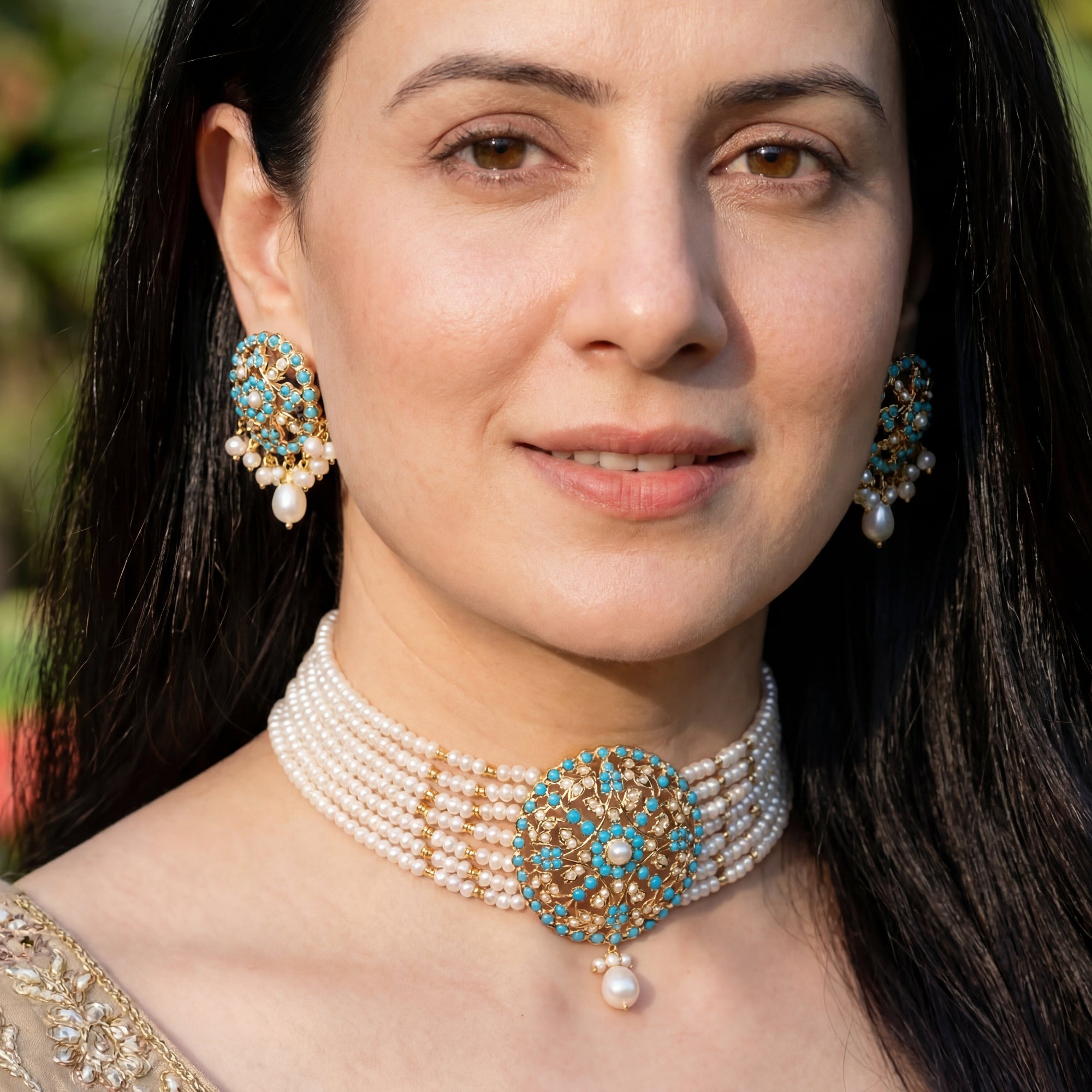 फिरोजा चोकर सेट | ताजे पानी के मोती | चांदी पर सोना चढ़ाया हुआ NS 127