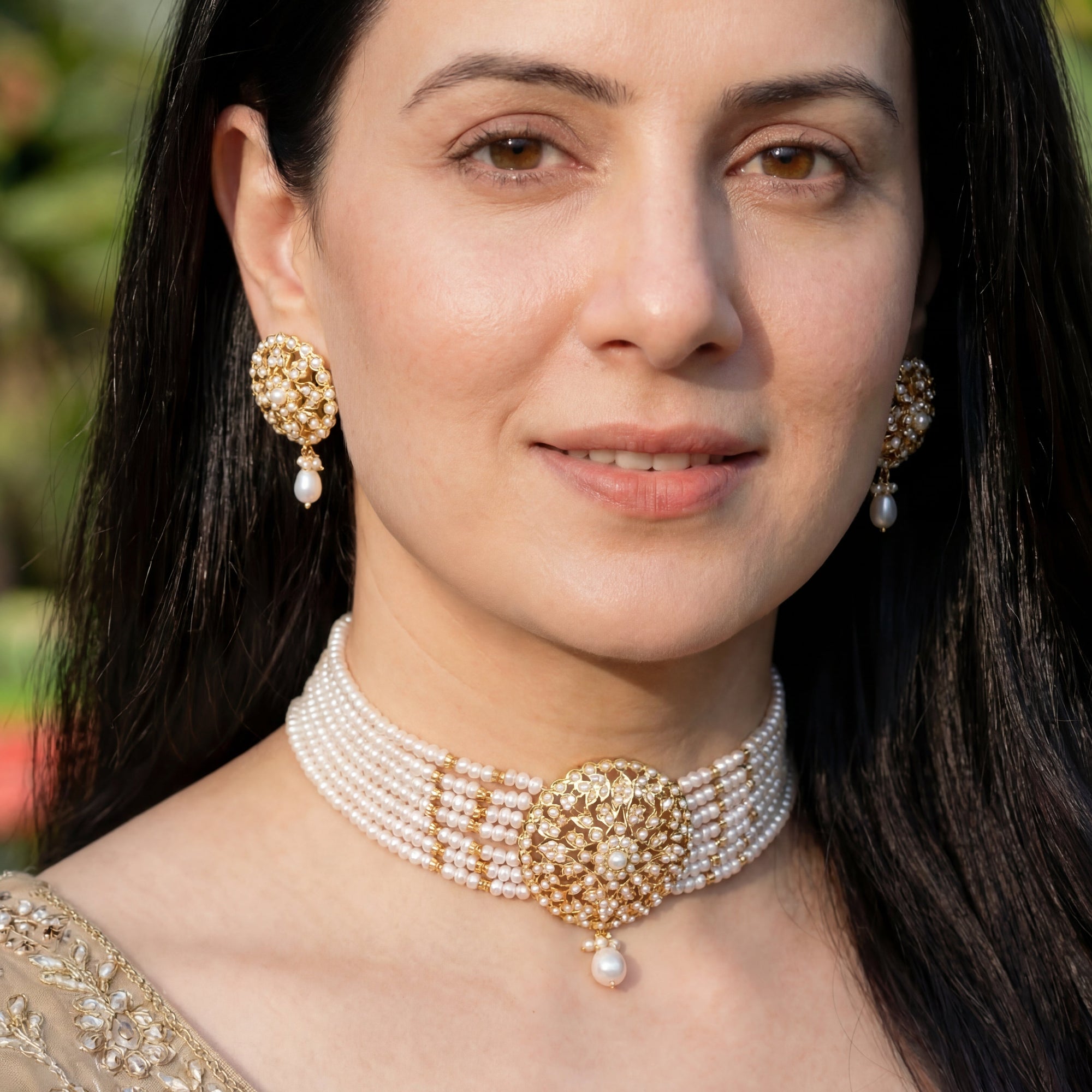 मोती आभूषण सेट | मोती चोकर सेट | चांदी पर सोना चढ़ाया NS 063