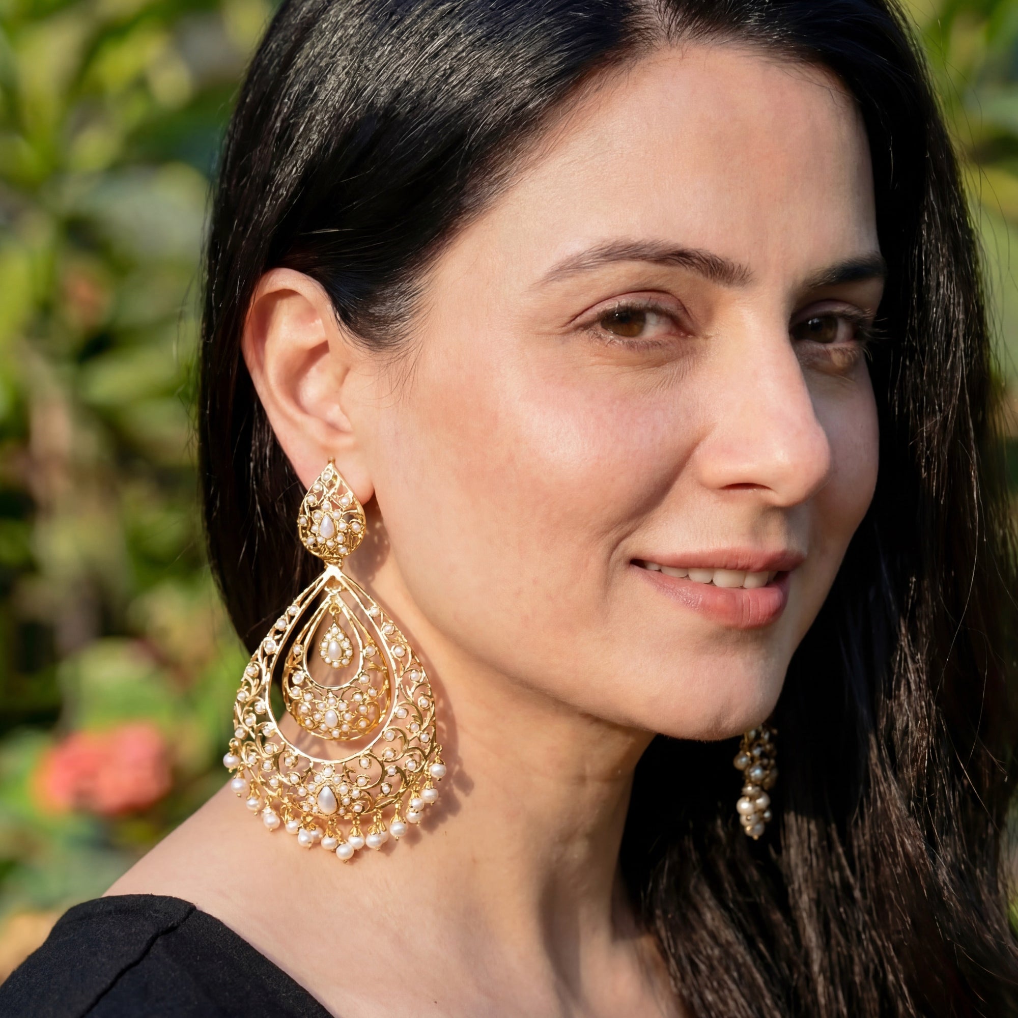 Long Drop Shaped Pearl Chandbali Earrings | Antique Style Design on Silver ER 160