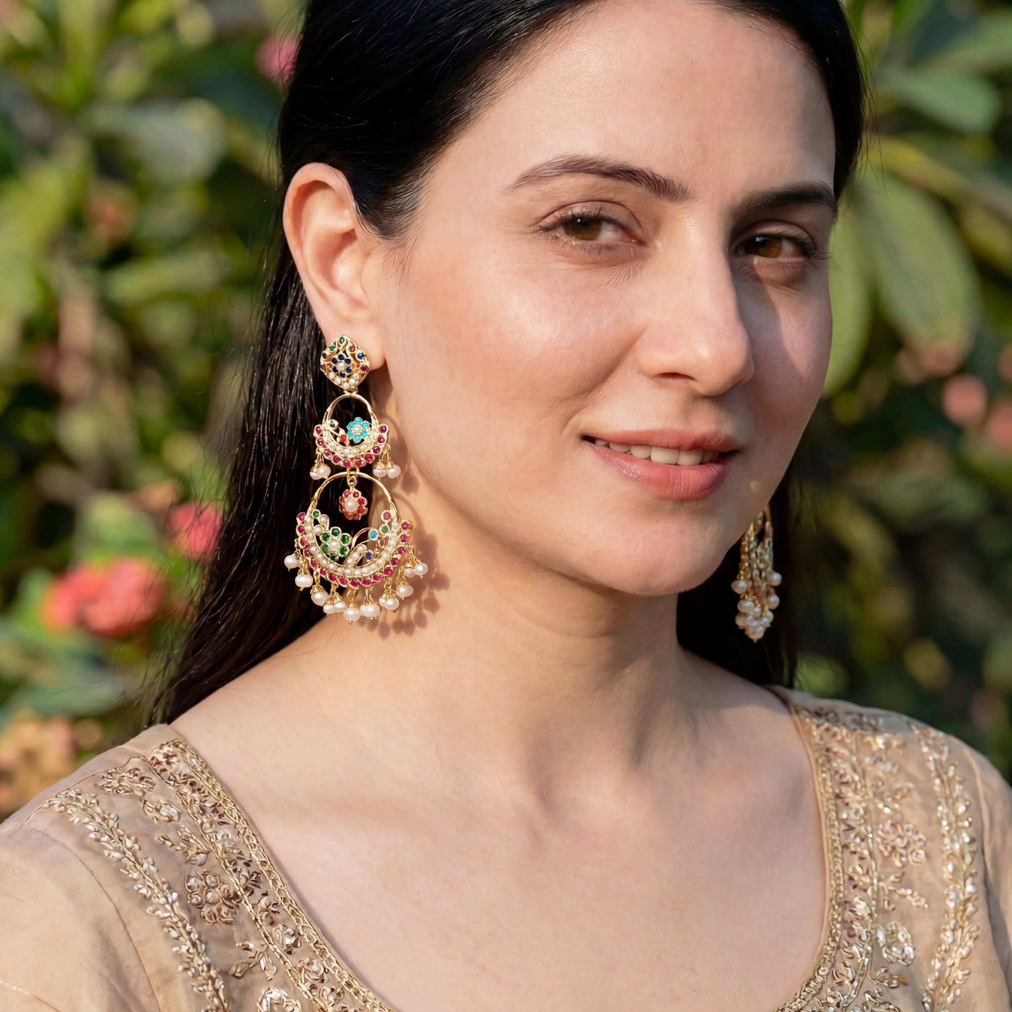 Double Chandbali Earrings in Navratna Colors | Gold Plated on Silver ER 637