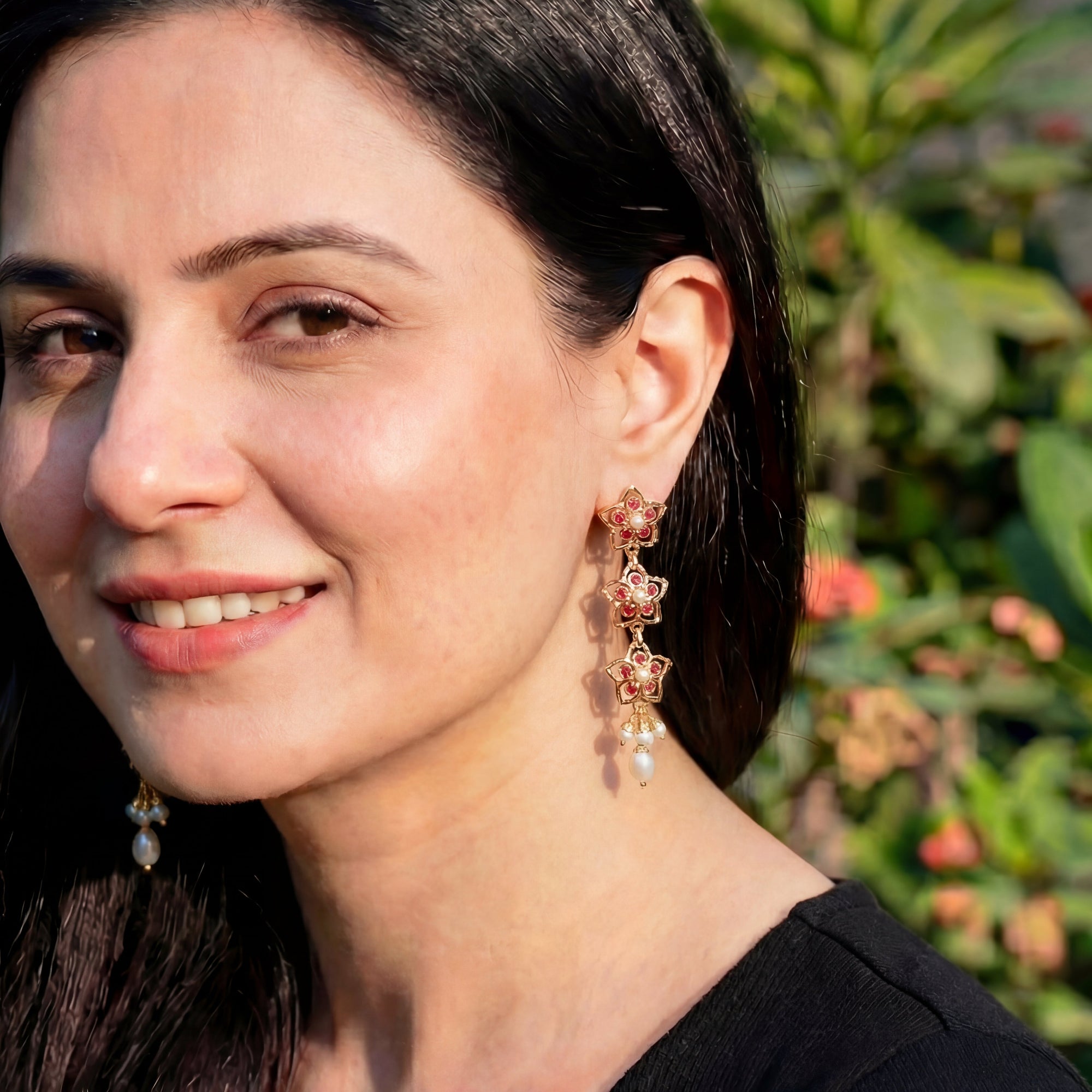 Long Indian Silver Danglers Silver | Stone Studded ER 507B