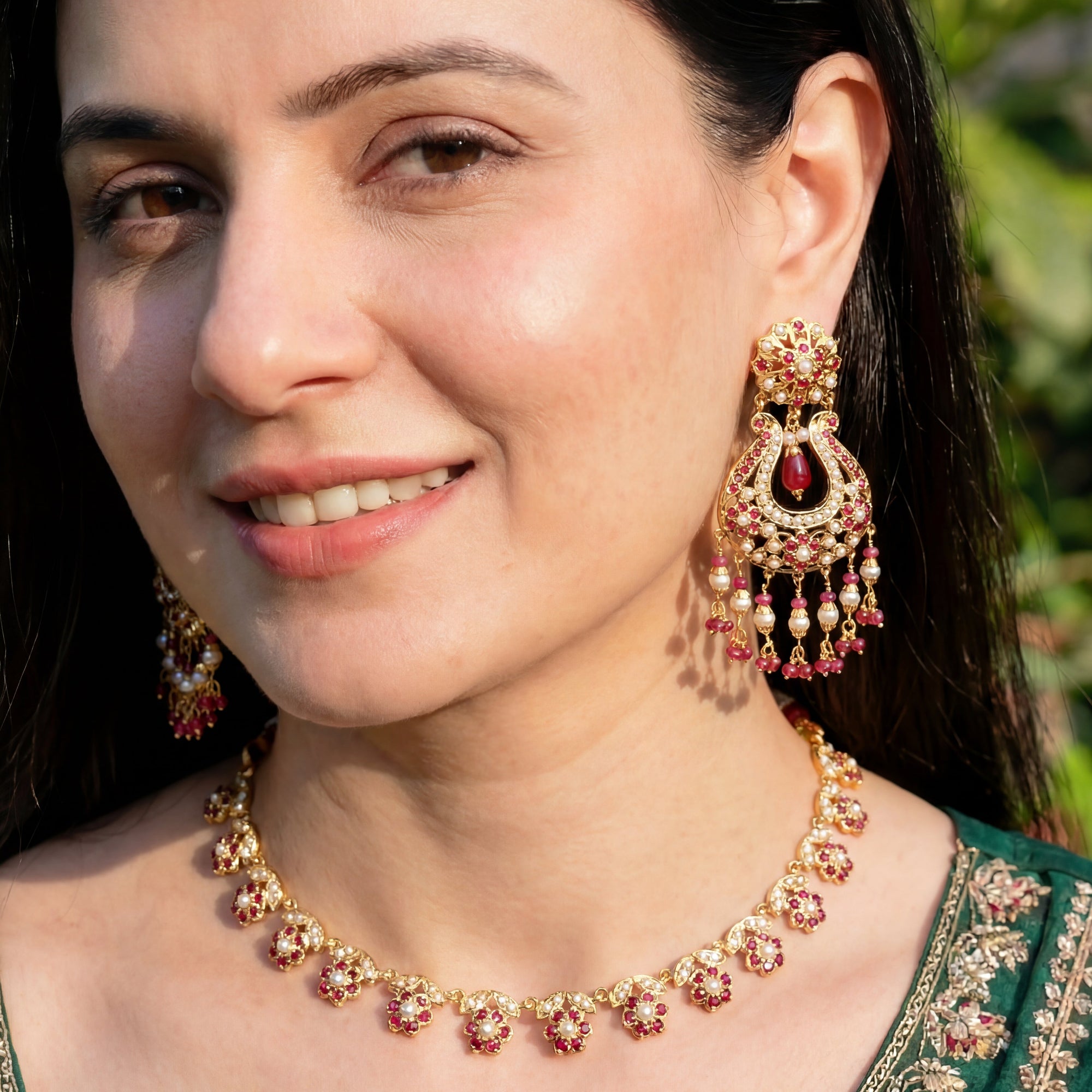 Delicate Ruby & Pearl Set | Chandbali Style Earrings | Gold Plated NS 308