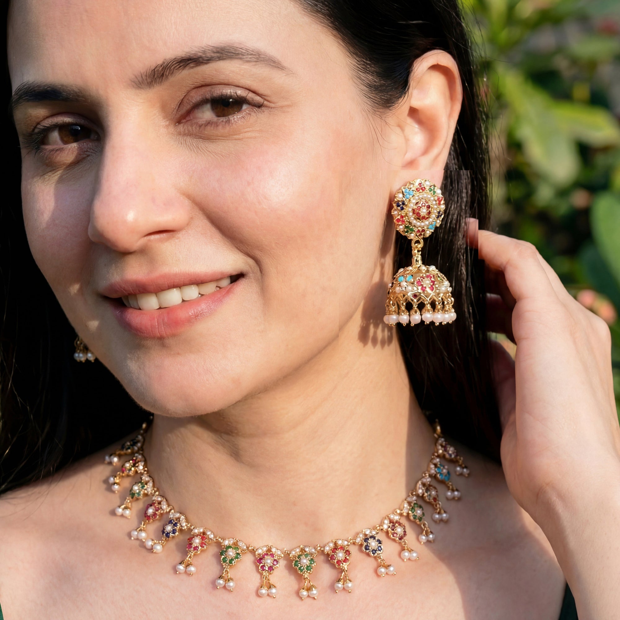 Delicate Navrattan Necklace with Jhumki | Gold Plated Navratna Necklace Set | NS 357