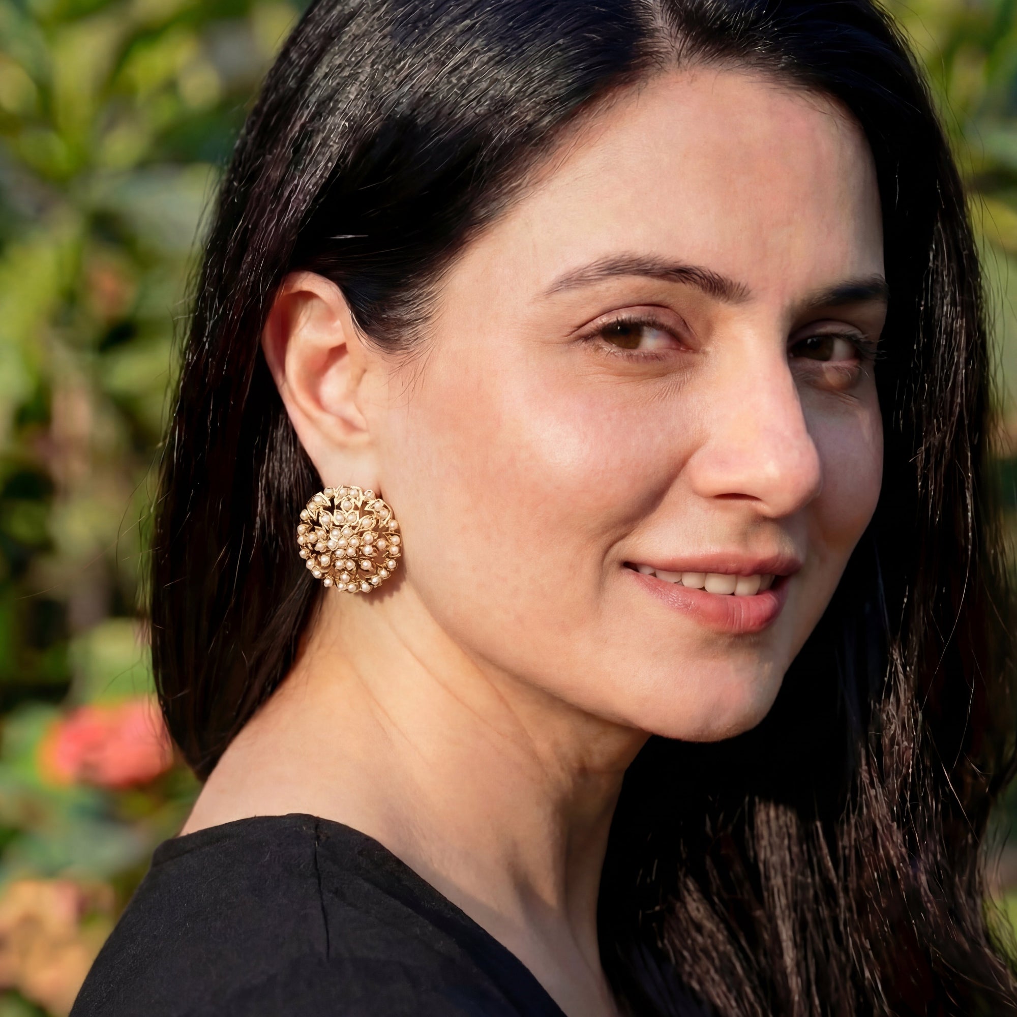 Sober and Sophisticated Pearl Stud Earrings | Gold Plated Silver | Classic Amritsari Jadau Art ER 575