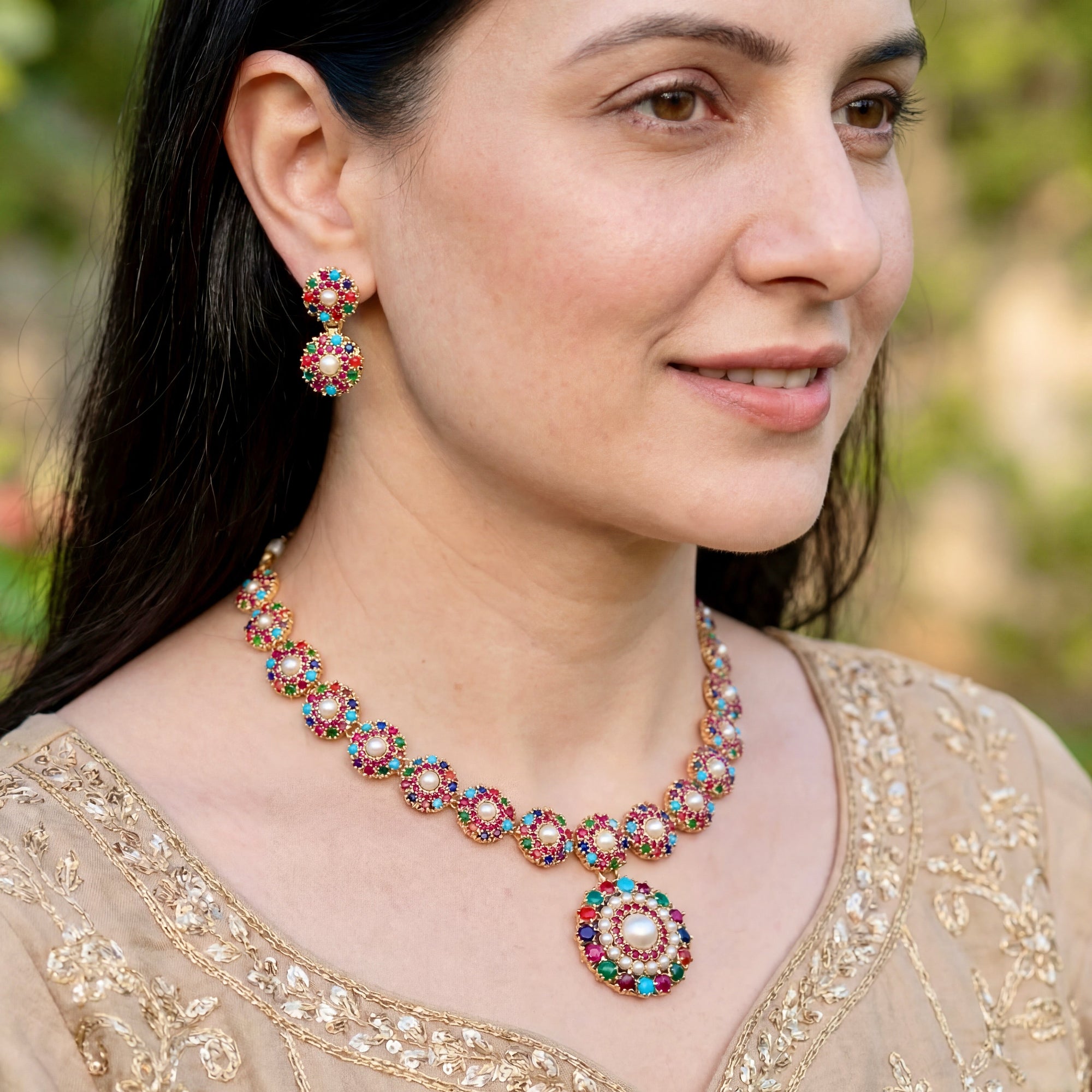 Sophisticated Navratna Necklace Set | 925 Sterling Silver with Gold Plating | NS 418