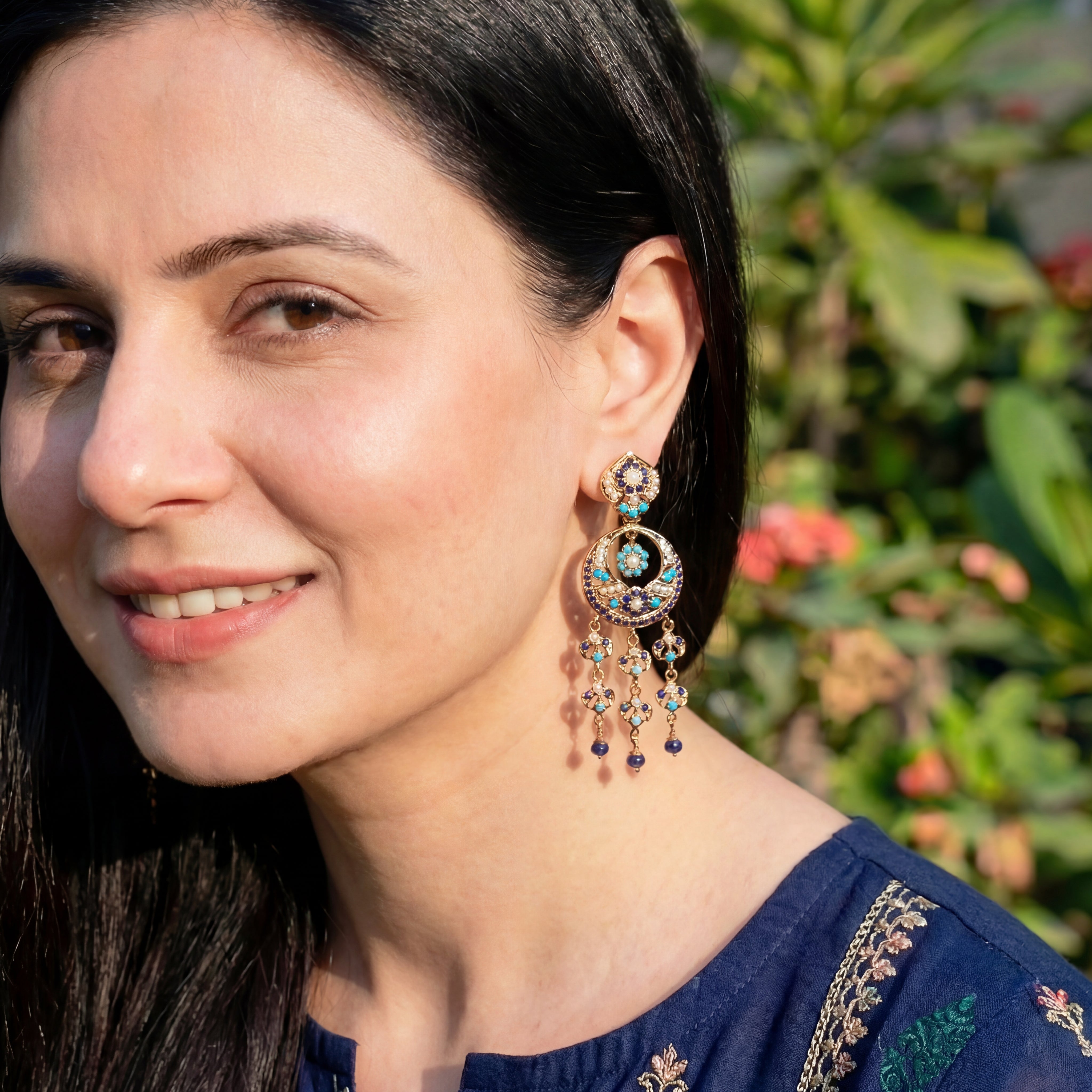 Blue Chandbali Earrings | Long Jadau Earrings on Silver Base with Gold Plating ER 631