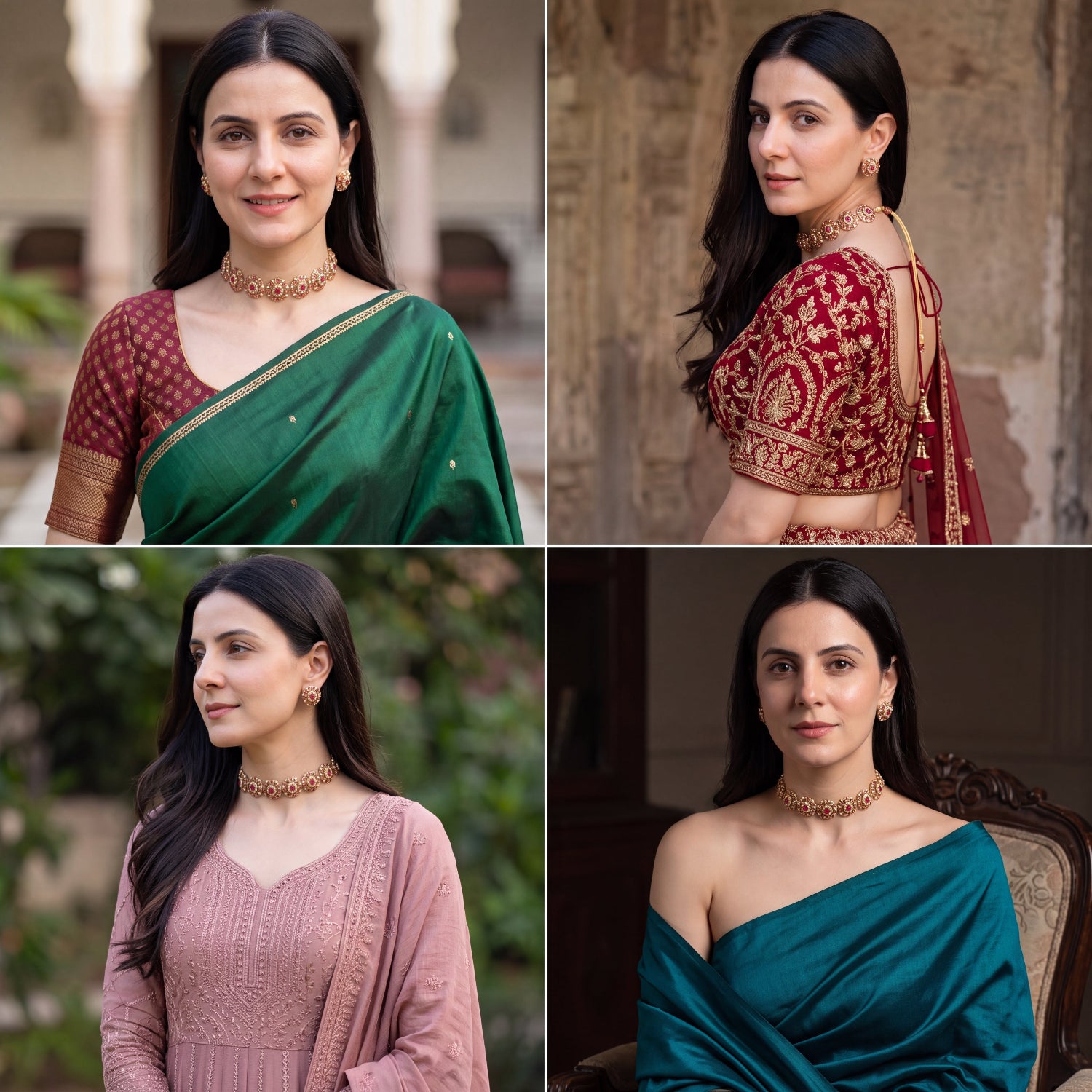 A four-panel collage showing a woman modeling different draped garments: a green saree with a maroon embroidered blouse, a dusty pink embroidered kurta, a teal saree draped off-shoulder, and a red embroidered blouse. The panels feature different outdoor and indoor backgrounds, and the woman wears gold-toned jewelry in each shot.