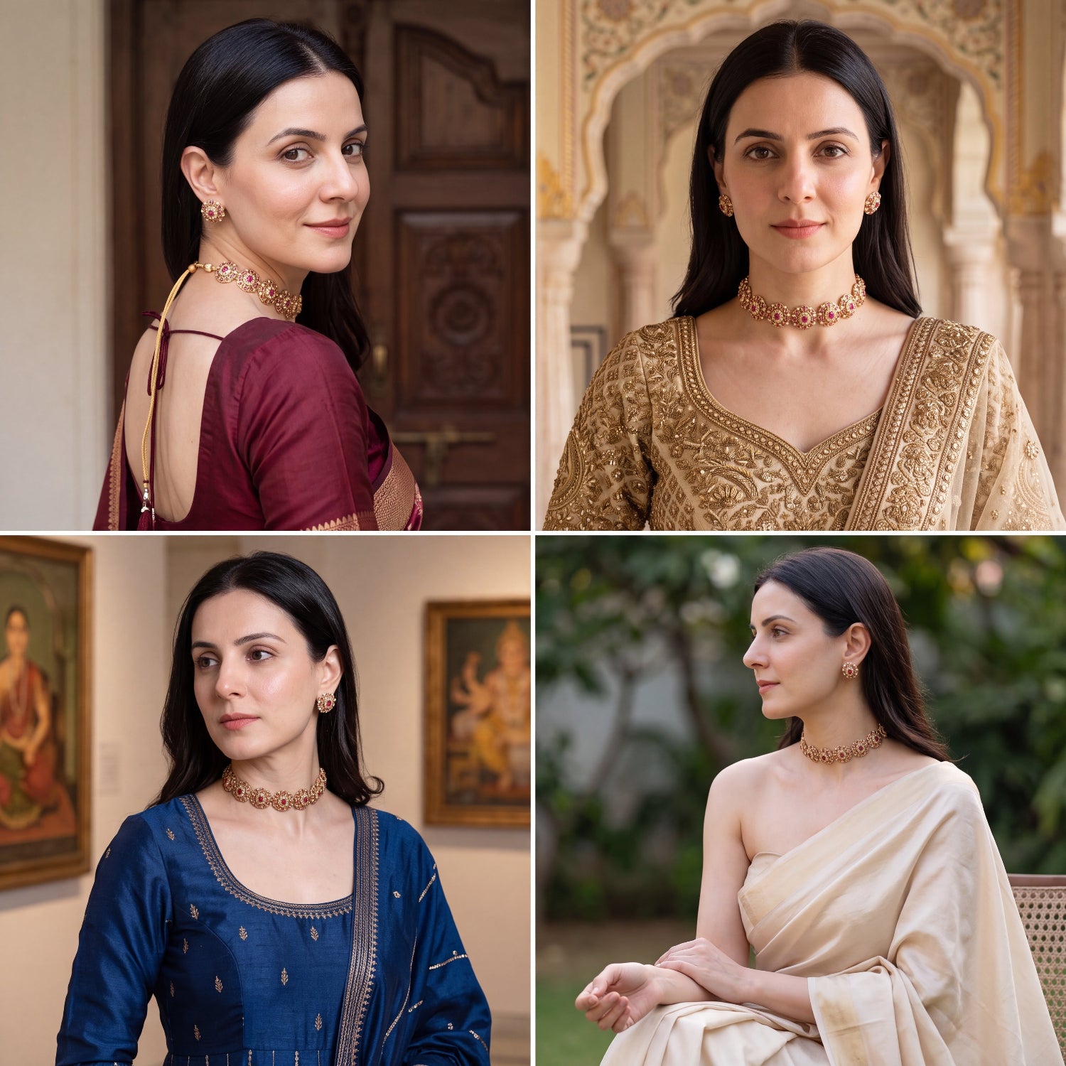 A four-panel collage showing a woman wearing traditional Indian jewelry and clothing in different settings: a maroon blouse, a gold embroidered top, a navy blue outfit, and a cream sari. The jewelry includes gold-toned necklaces, earrings, and a choker in each look.
