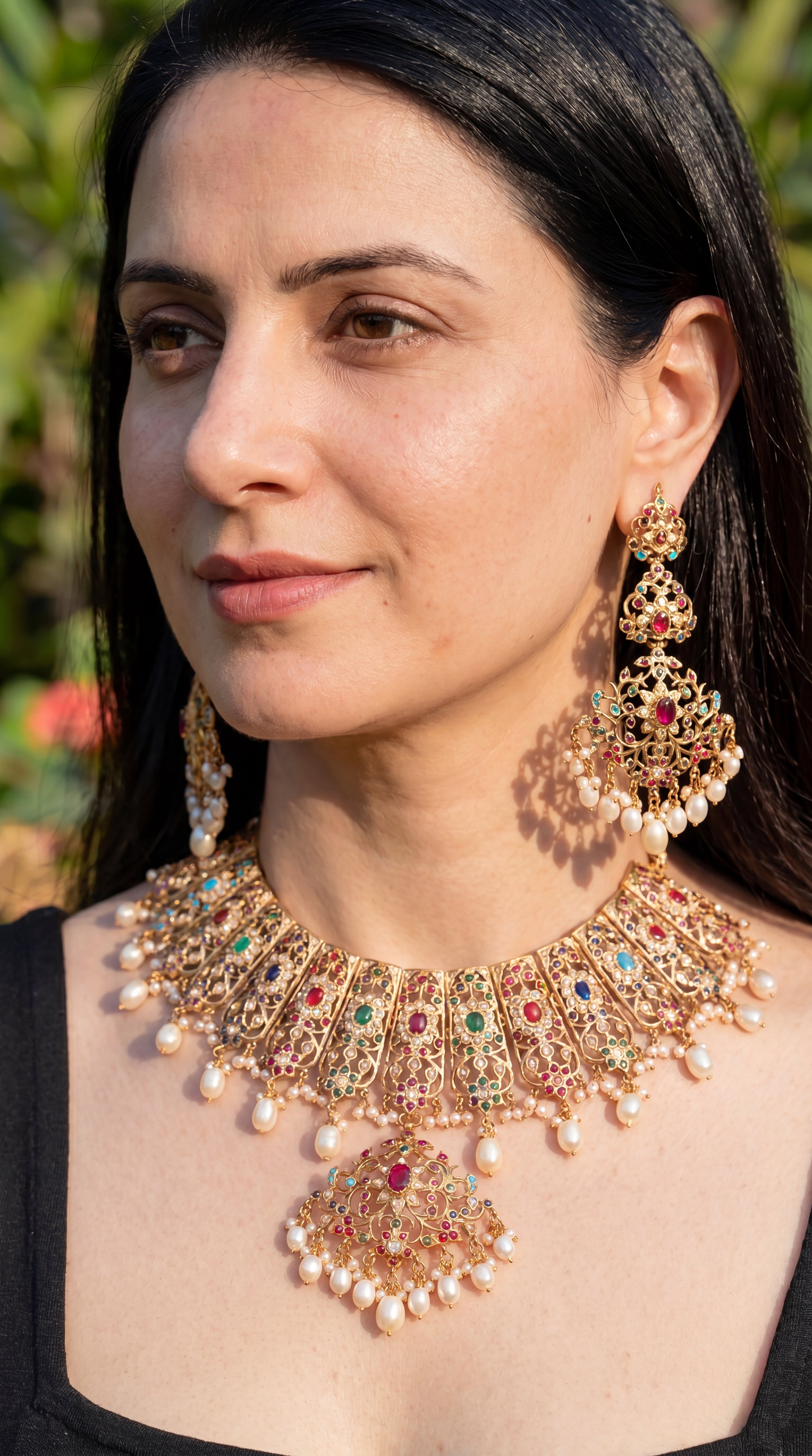 Bridal Wear Jadau Necklace Set | Navratna Jewelry Gold Plated on 925 Silver NS 450