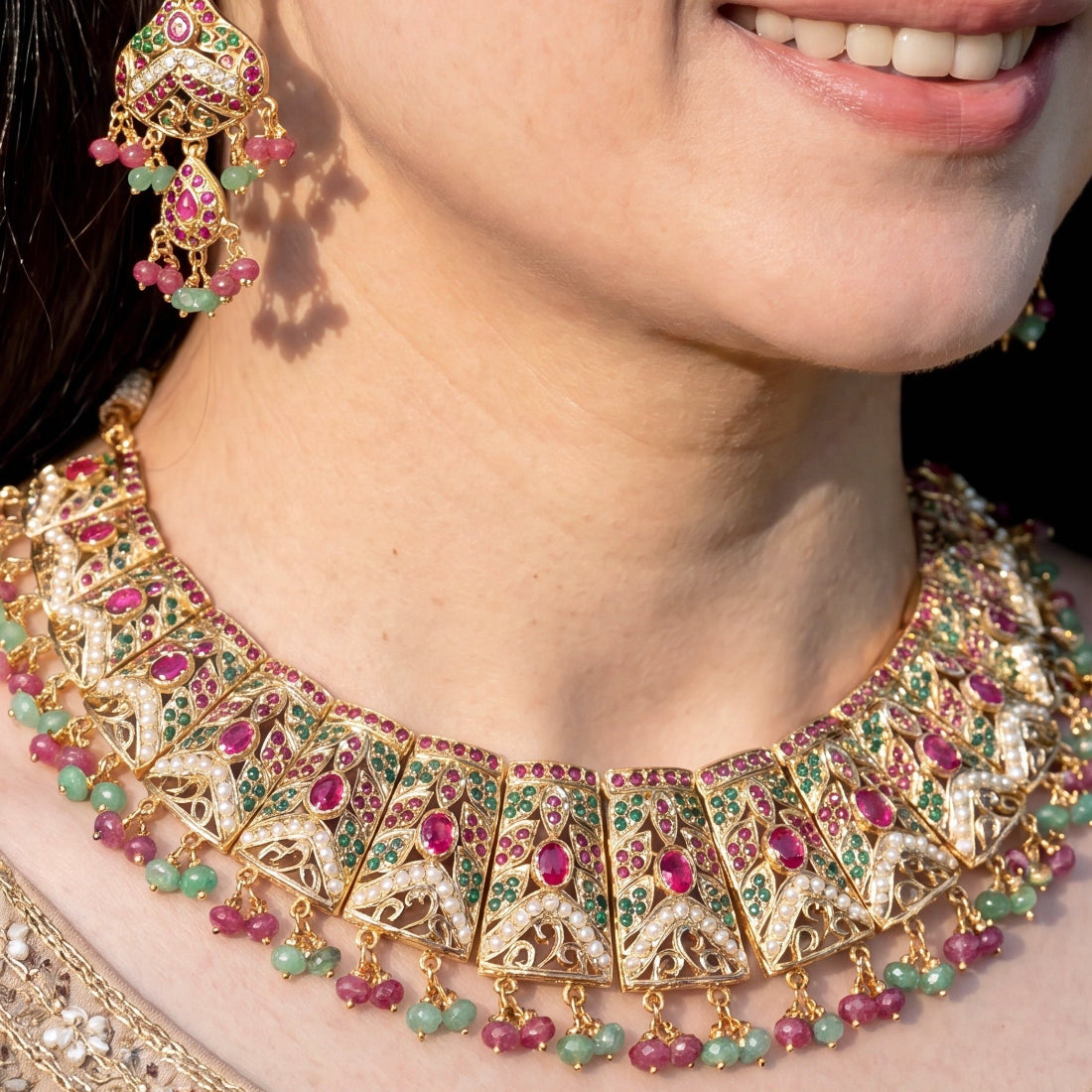 Gold Plated Jadau Necklace Set in Silver NS 054